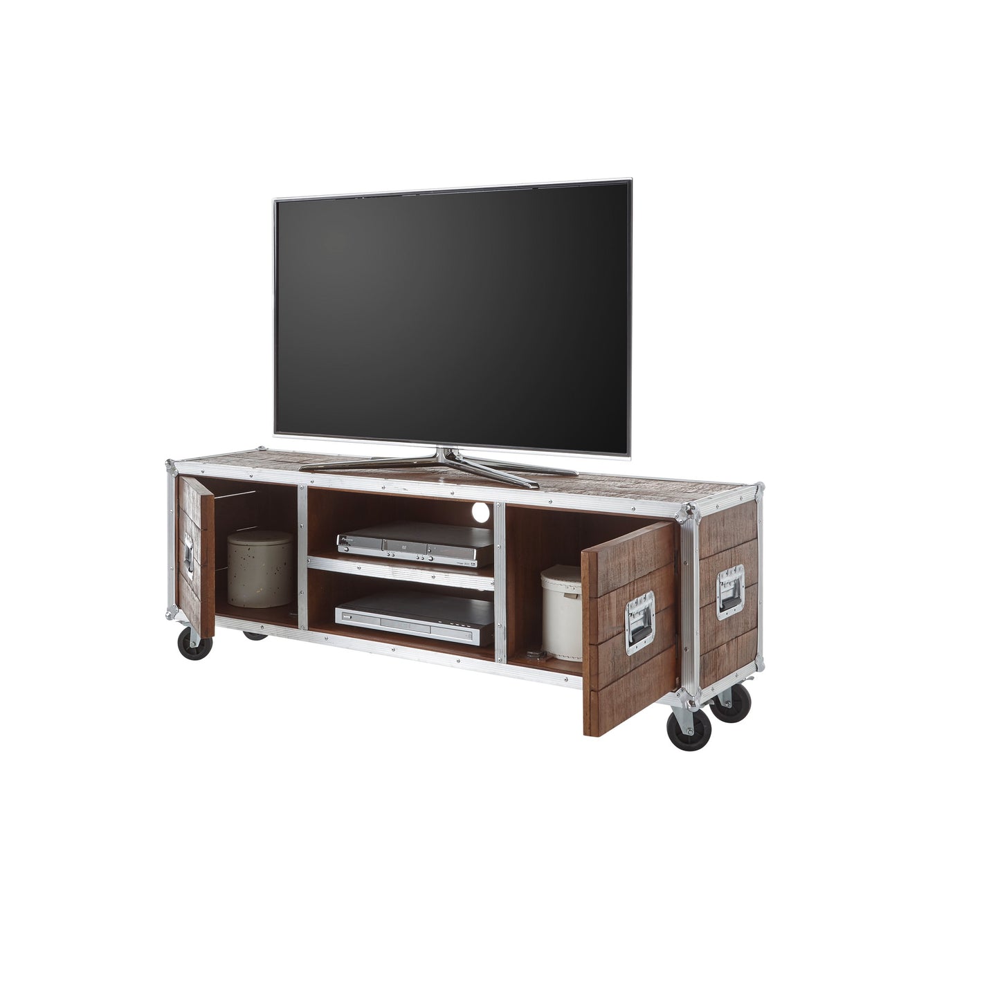 Geöffnetes TV-Board auf Rollen mit Fernseher