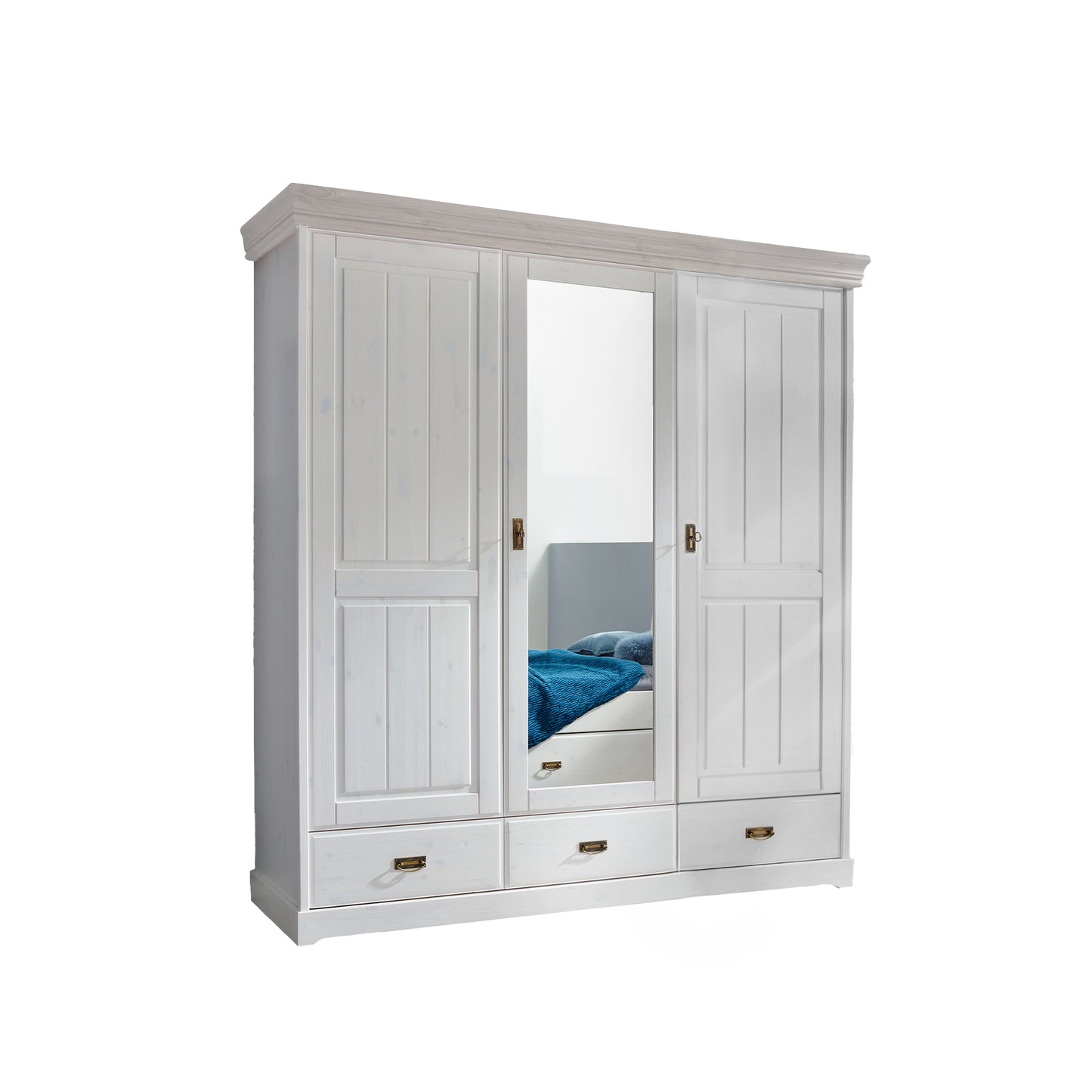 Weißer Kleiderschrank mit zwei Holztüren und einer Spiegeltür