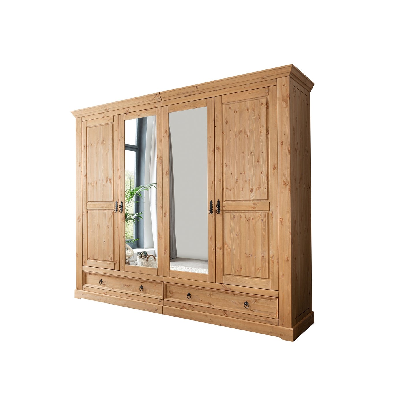 Kleiderschrank 4 trg. Kiefer massiv eichefarbig - Baltic