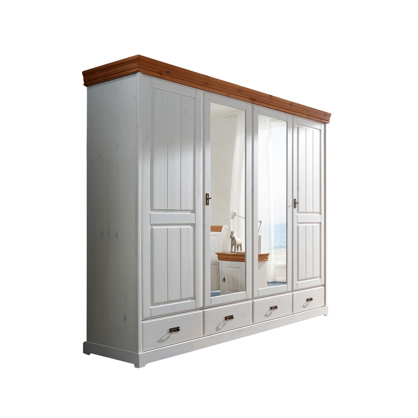 Weißer Kleiderschrank mit zwei Holztüren und zwei Spiegeltüren