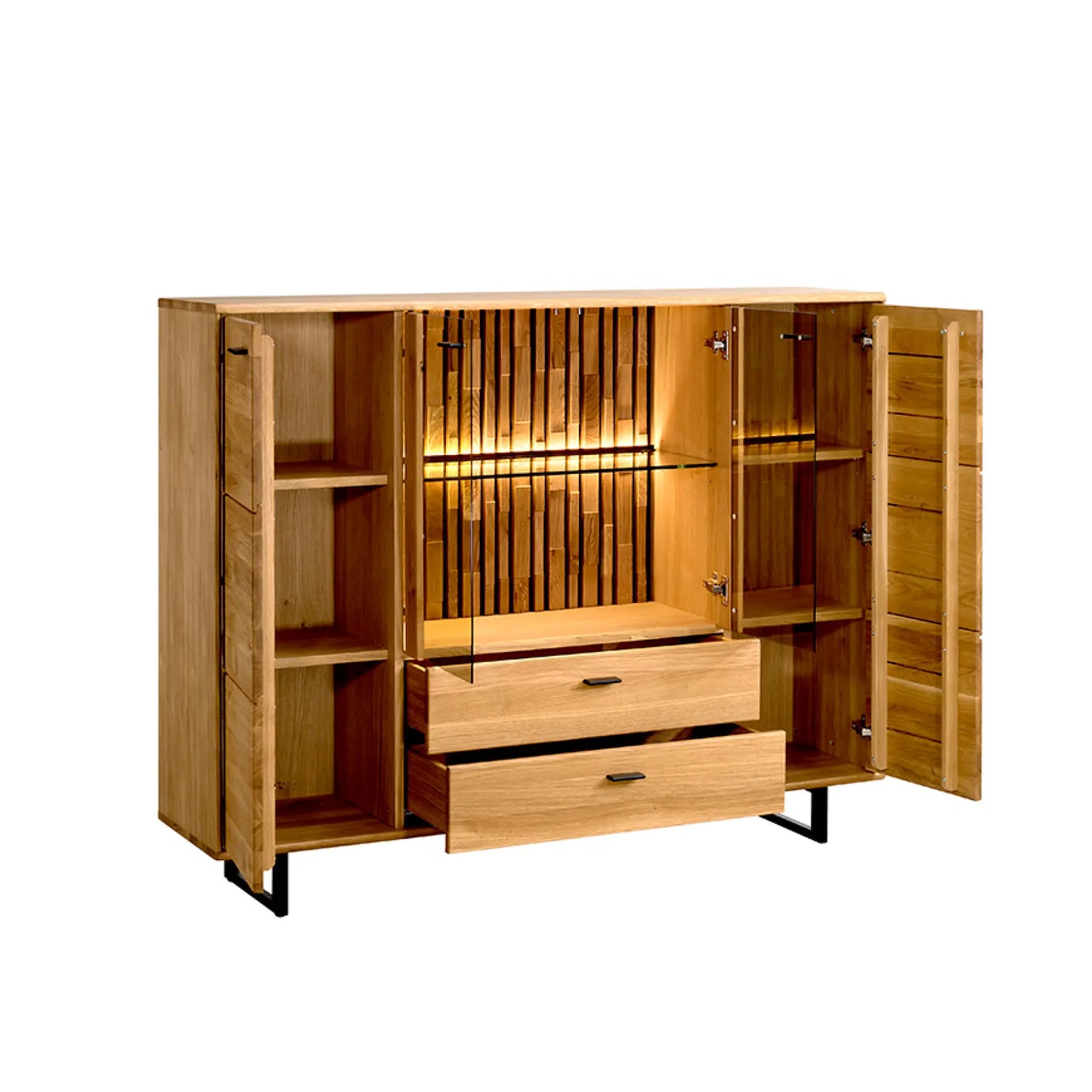 Highboard mit zwei Holztüren rechts und links, zwei Glastüren in der Mitte und unterhalb zwei Schubladen