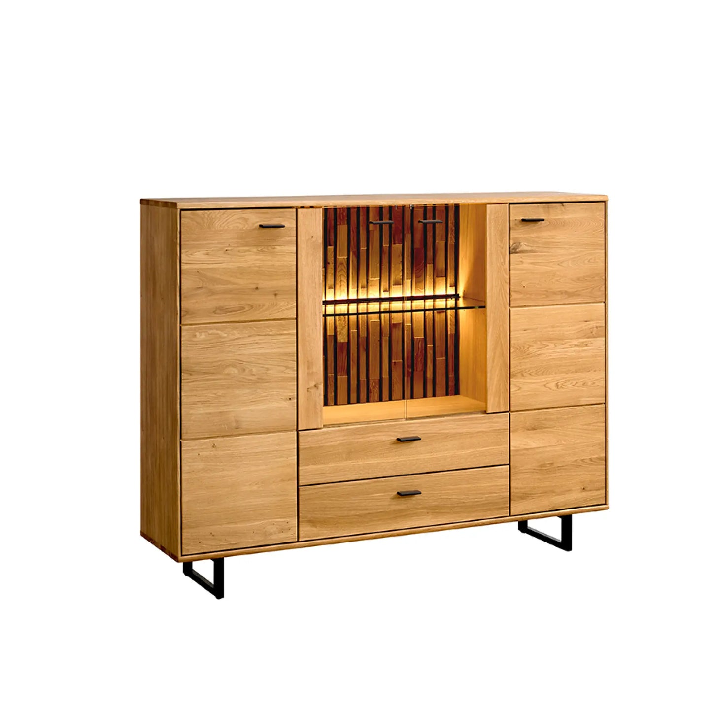 Highboard mit zwei Holztüren rechts und links, zwei Glastüren in der Mitte und unterhalb zwei Schubladen