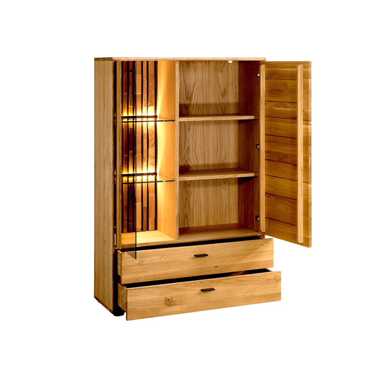 Highboard mit drei offenen Fächern hinter einer Glastür (links), eine Holztür (rechts) und zwei Schukästen