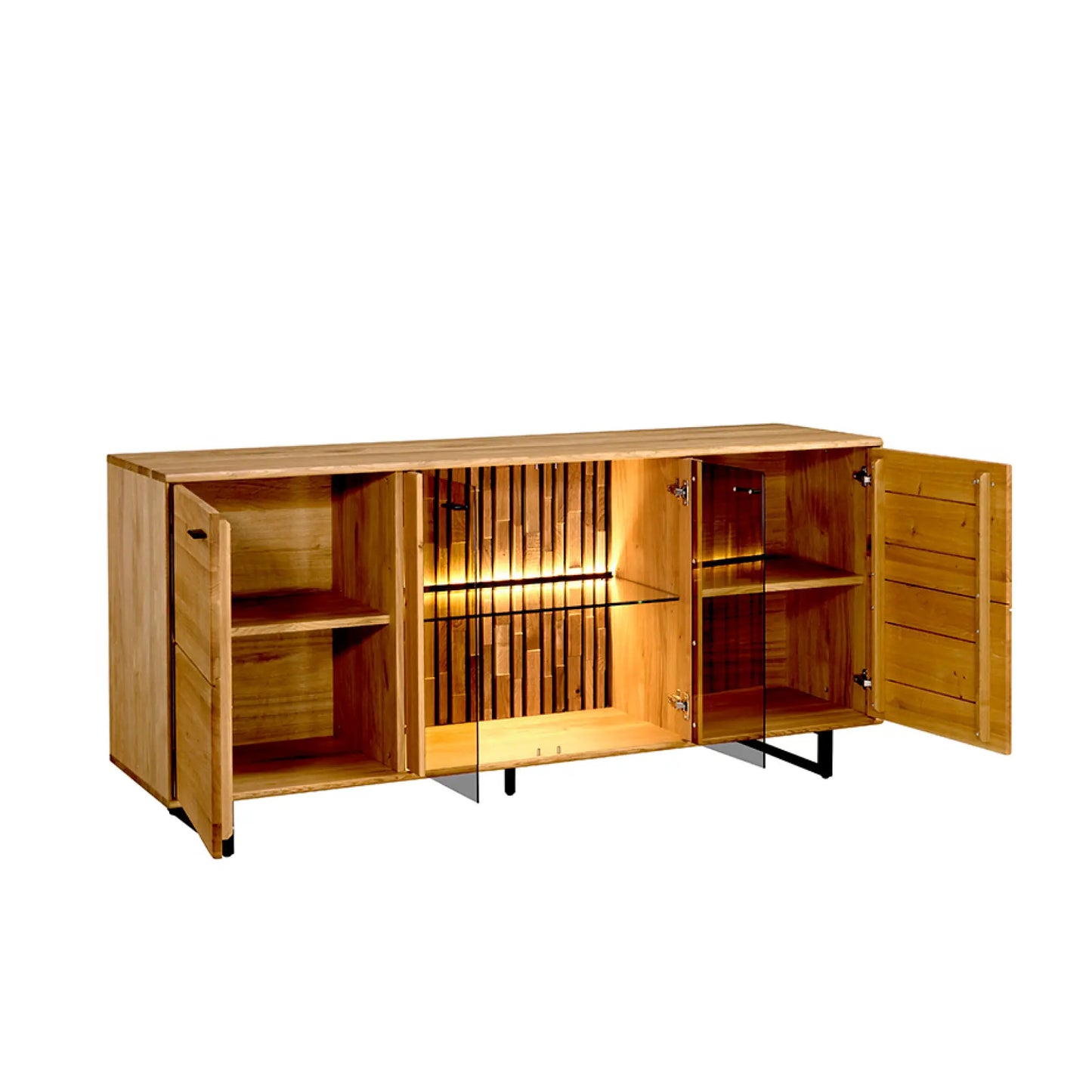 Sideboard mit zwei Holztüren rechts und links und in der Mitte eine Glasvitrine mit Beleuchtung und Strukturrückwand