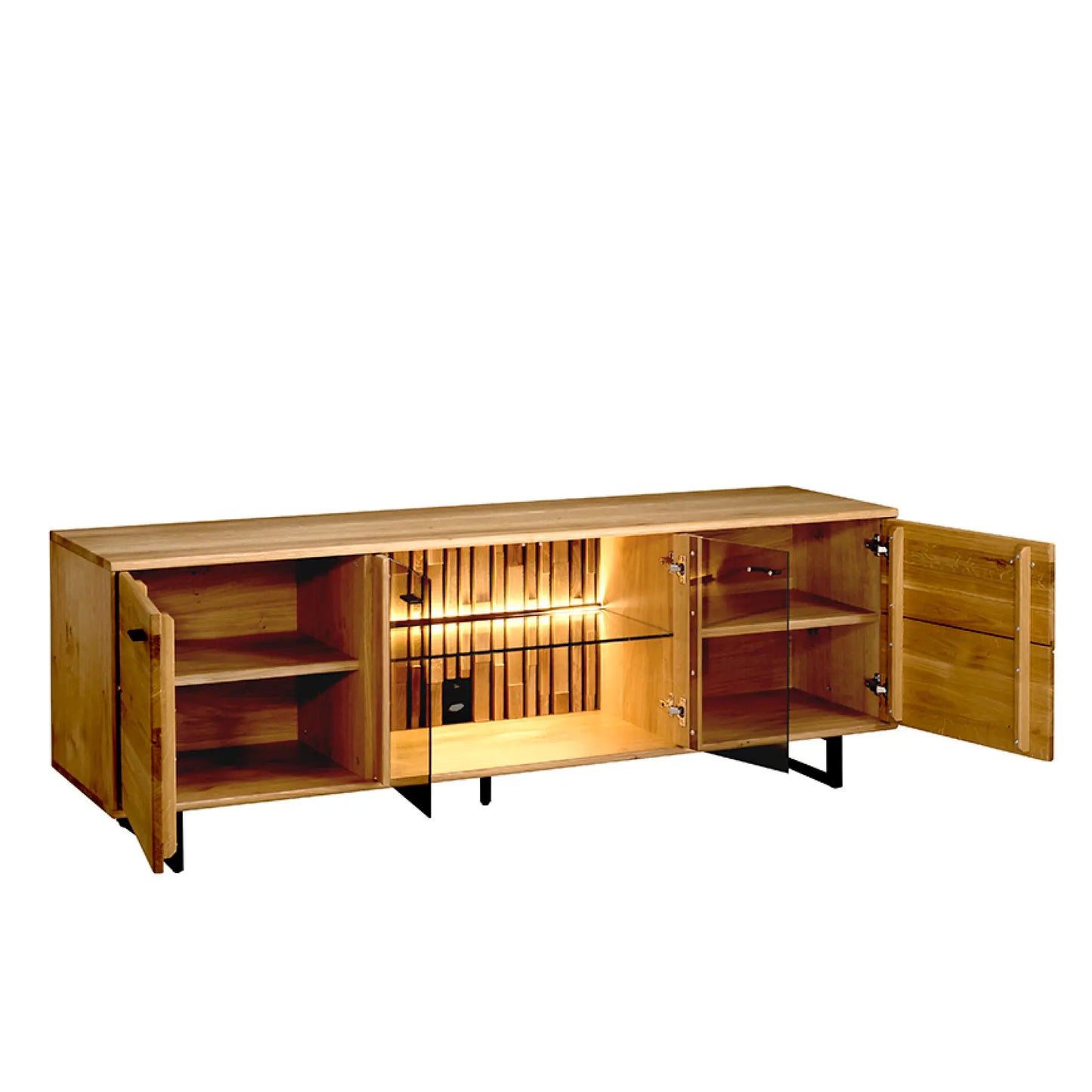 TV-Schrank aus Holz auf schwarzen Füßen mit zwei Holztüren und einer Glasvitrine mittig inklusive Beleuchtung