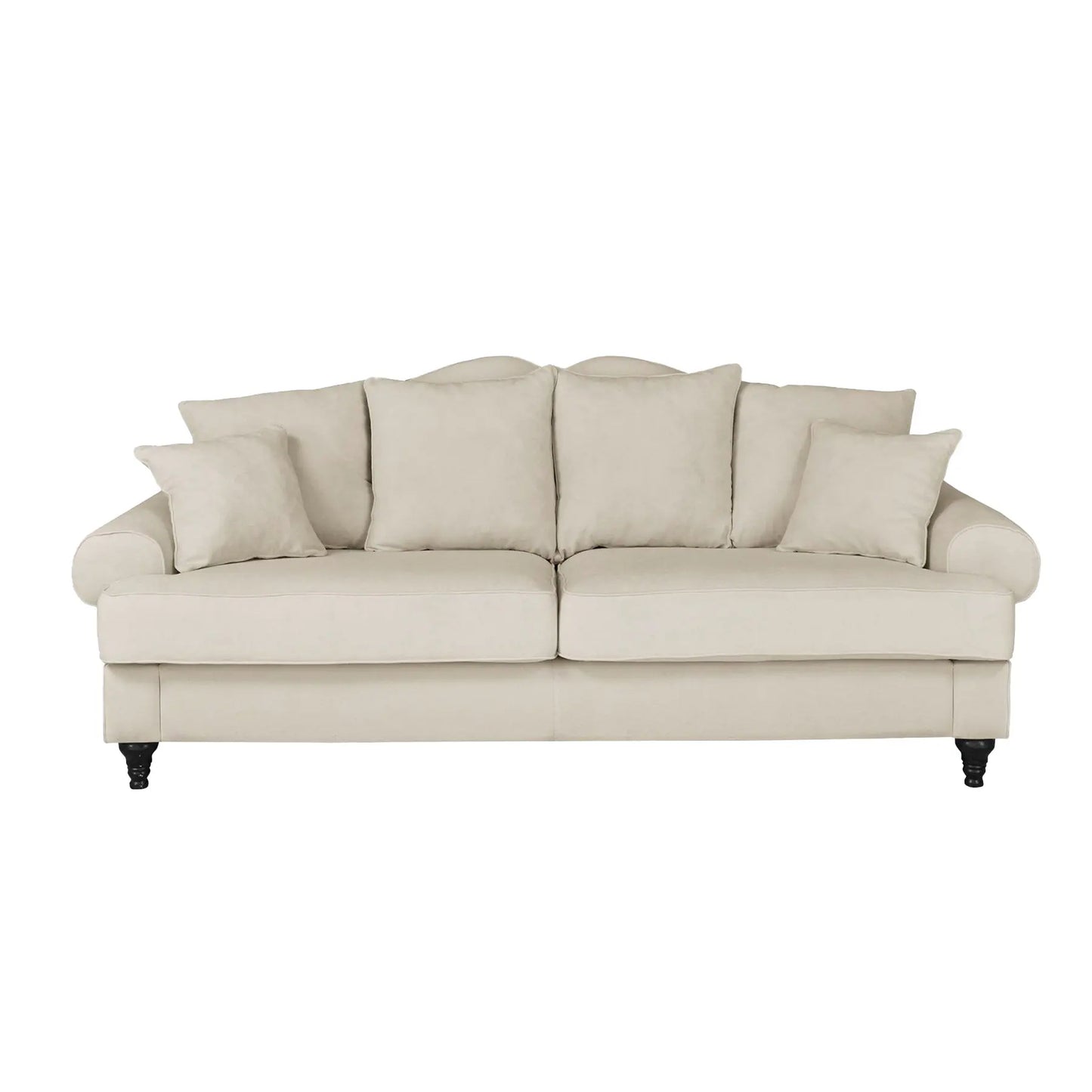 3,5 Sitzer Sofa in hellbeige mit schwarzen Füßen und 6 Kissen