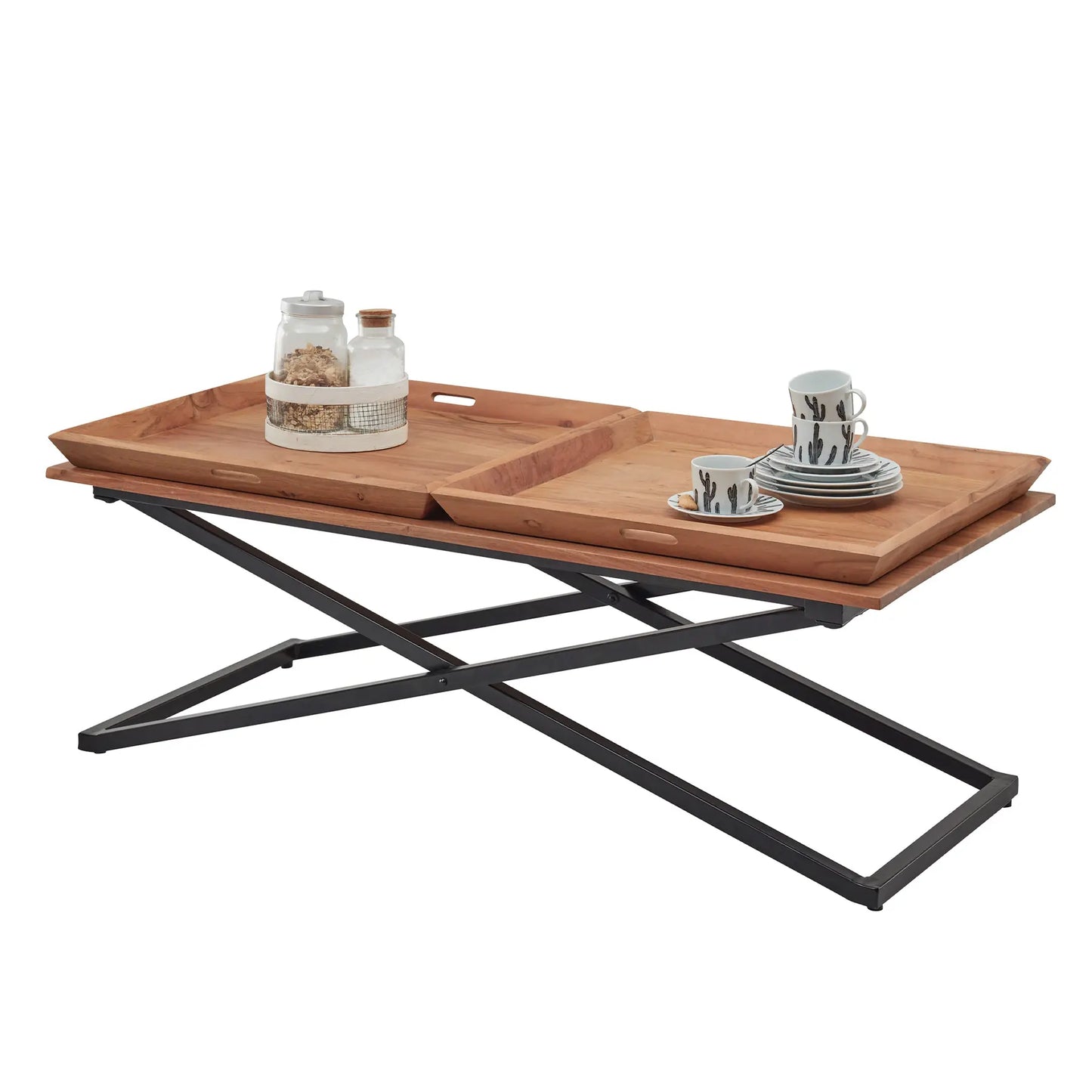 Couchtisch mit Metallgestell und Holzplatte, darauf 2 Tabletts