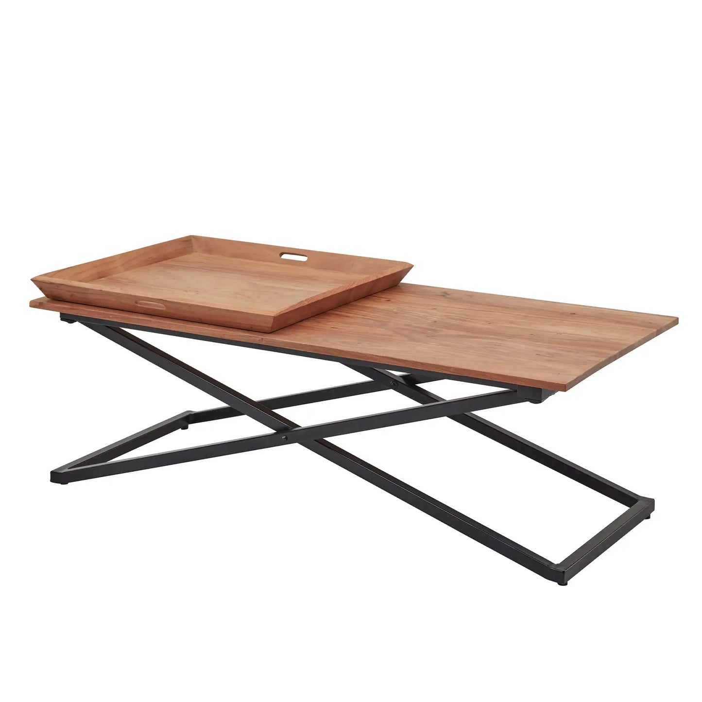 Couchtisch mit Metallgestell und Holzplatte, darauf 2 Tabletts