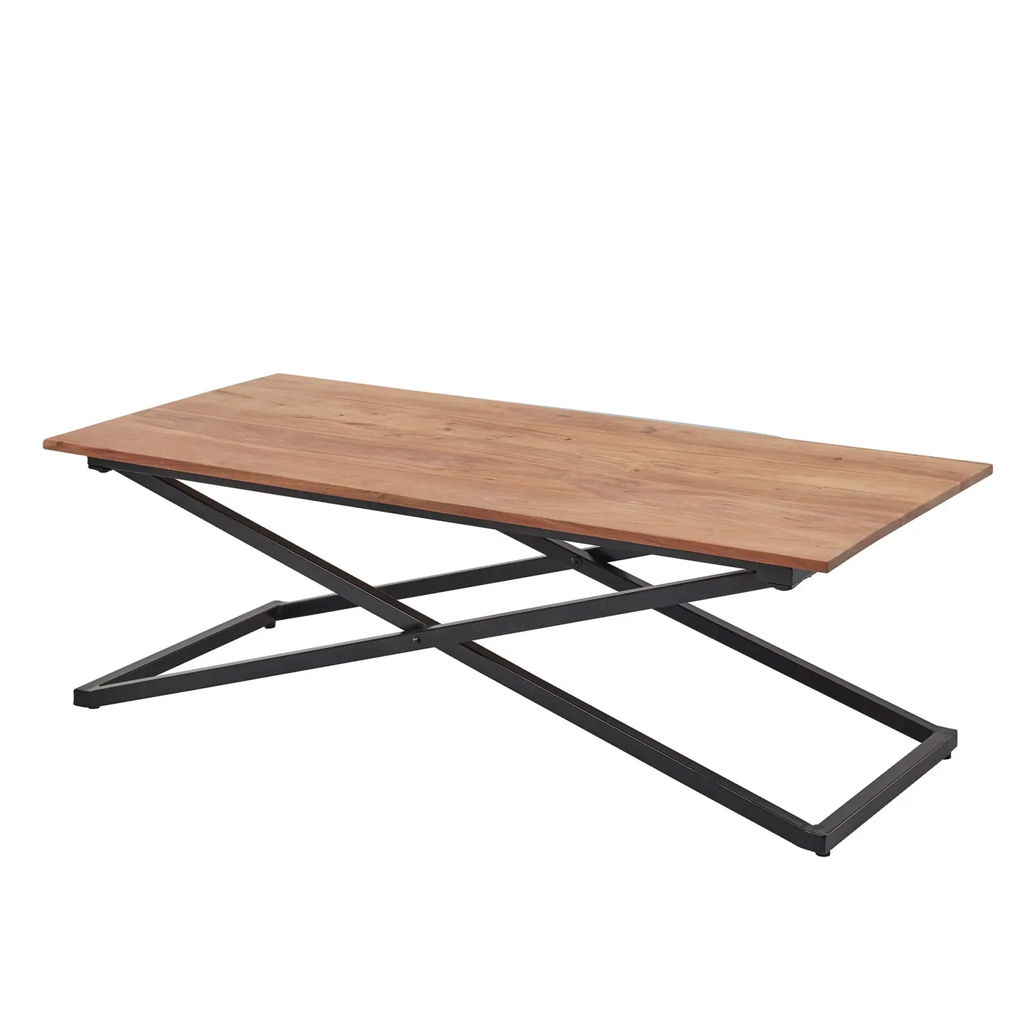 Couchtisch mit Metallgestell und Holzplatte, darauf 2 Tabletts