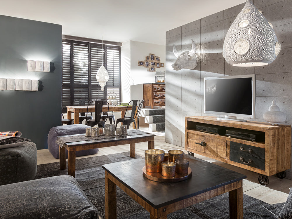 Wohnzimmer Einrichtung mit Mangoholz Möbeln