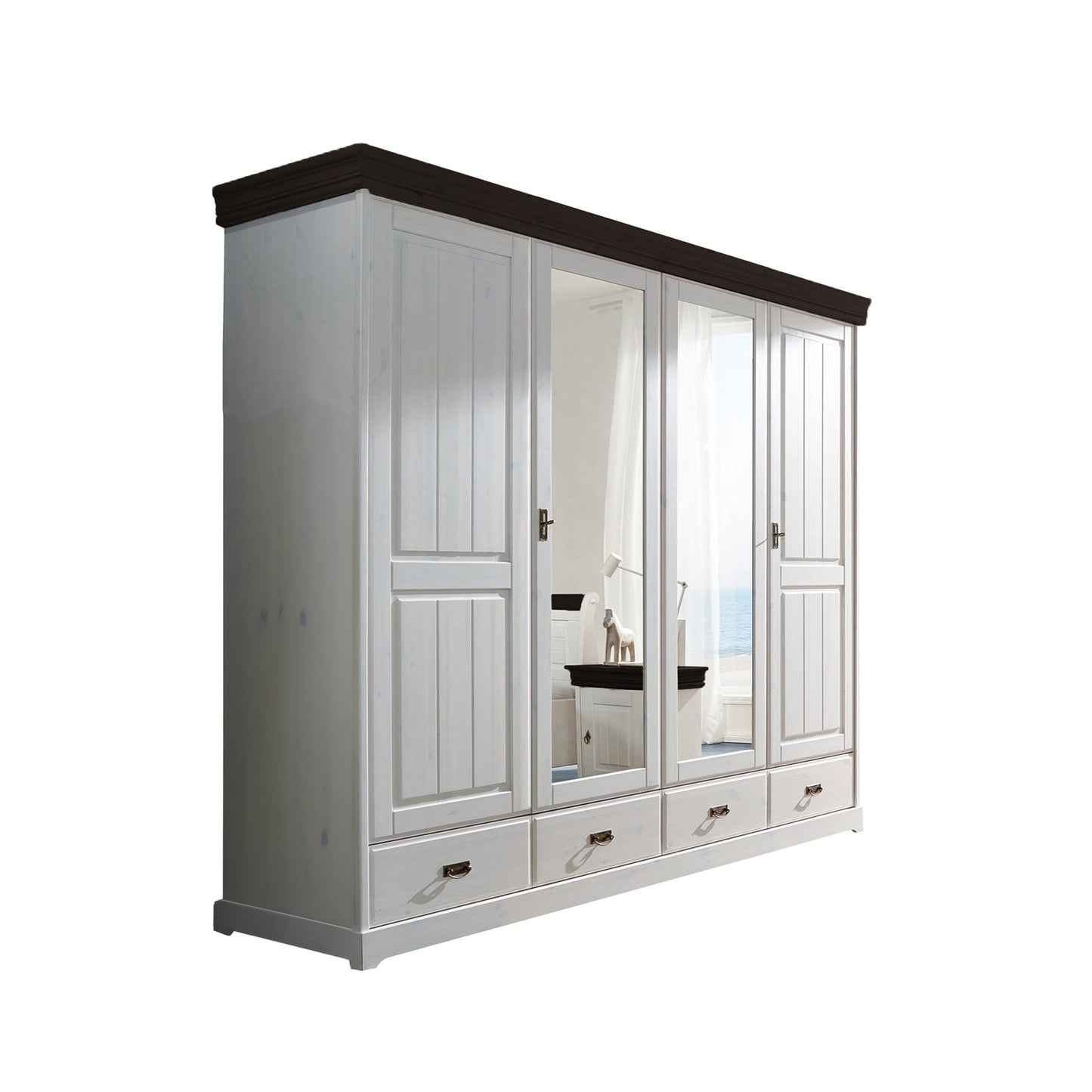 Weißer Kleiderschrank mit zwei Holztüren und zwei Spiegeltüren