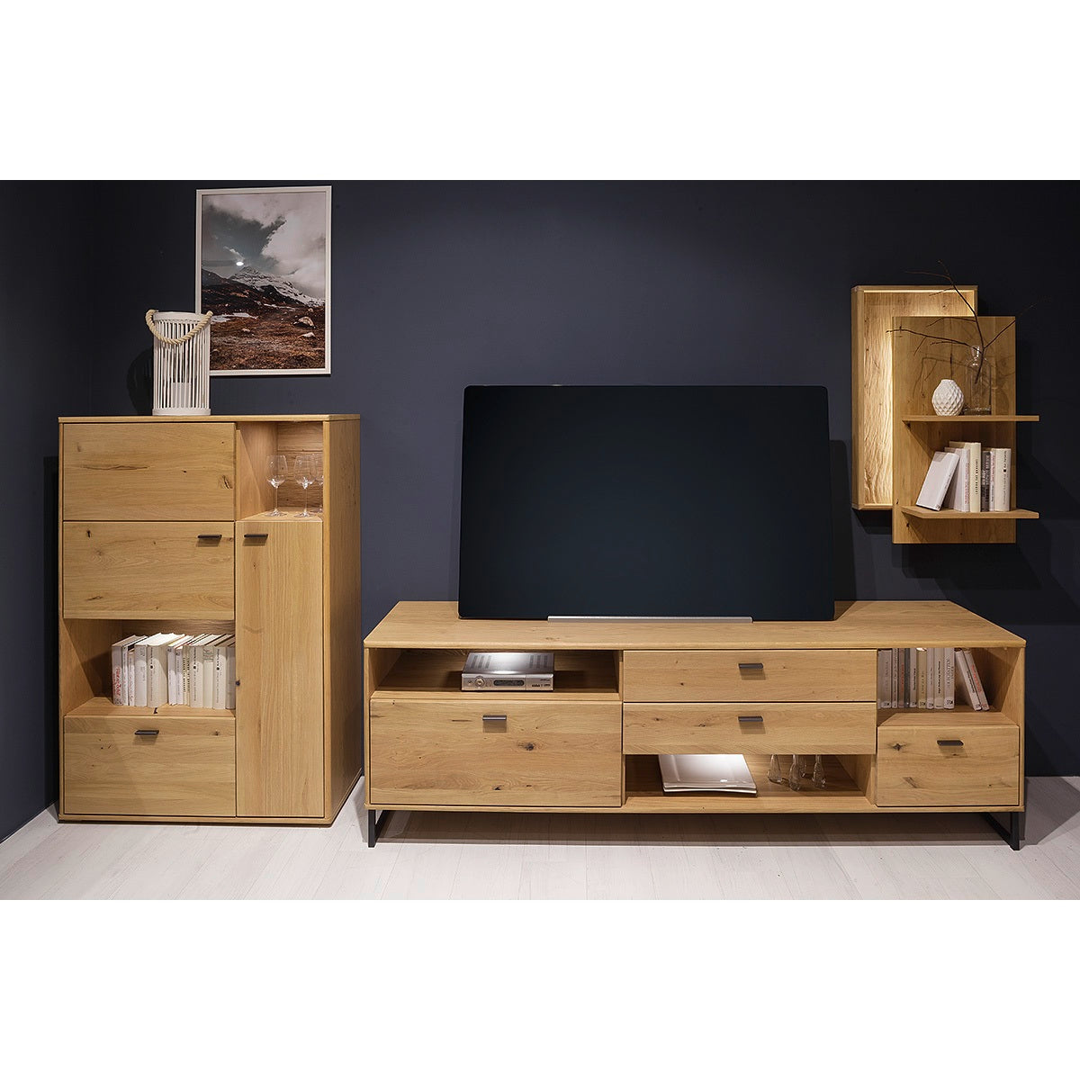 TV Wohnwand 3 tlg. Balkeneiche Bianco Front massiv - Bari