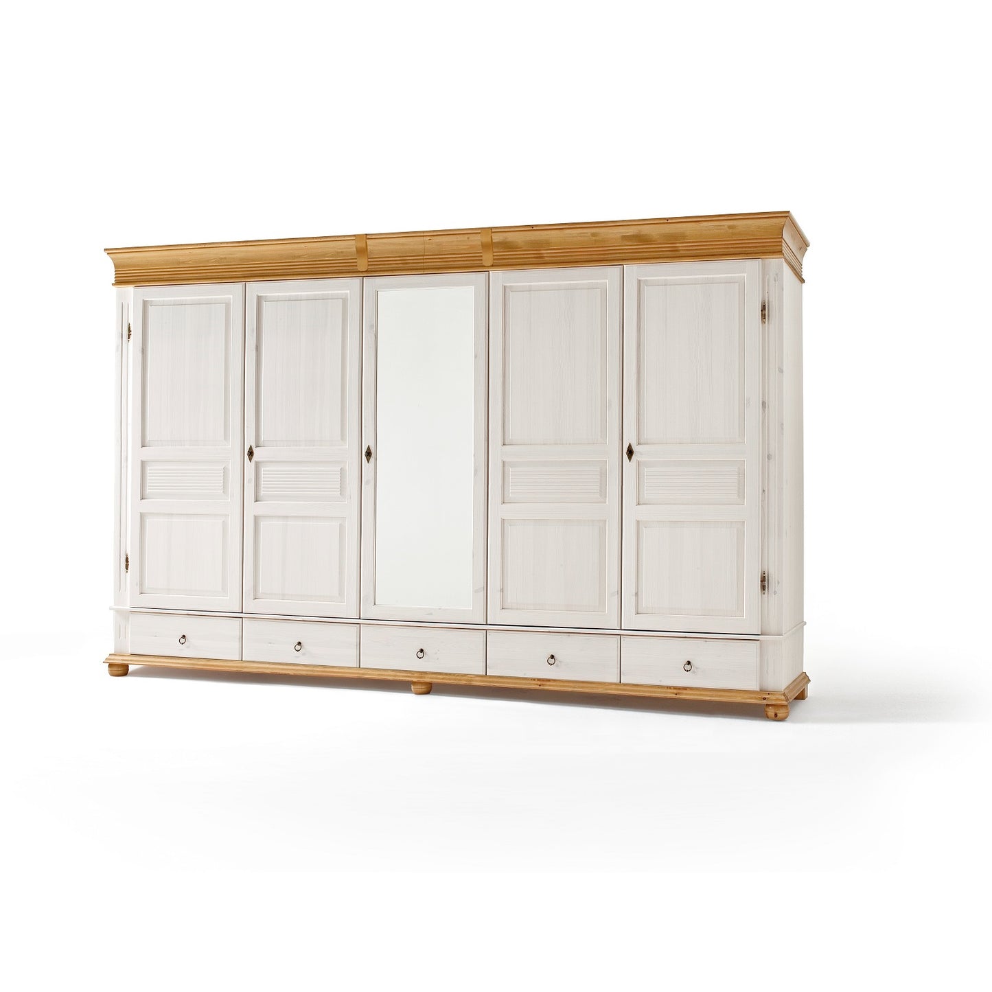 Kleiderschrank 5 trg. Kiefer massiv Landhausstil weiß antik Oslo