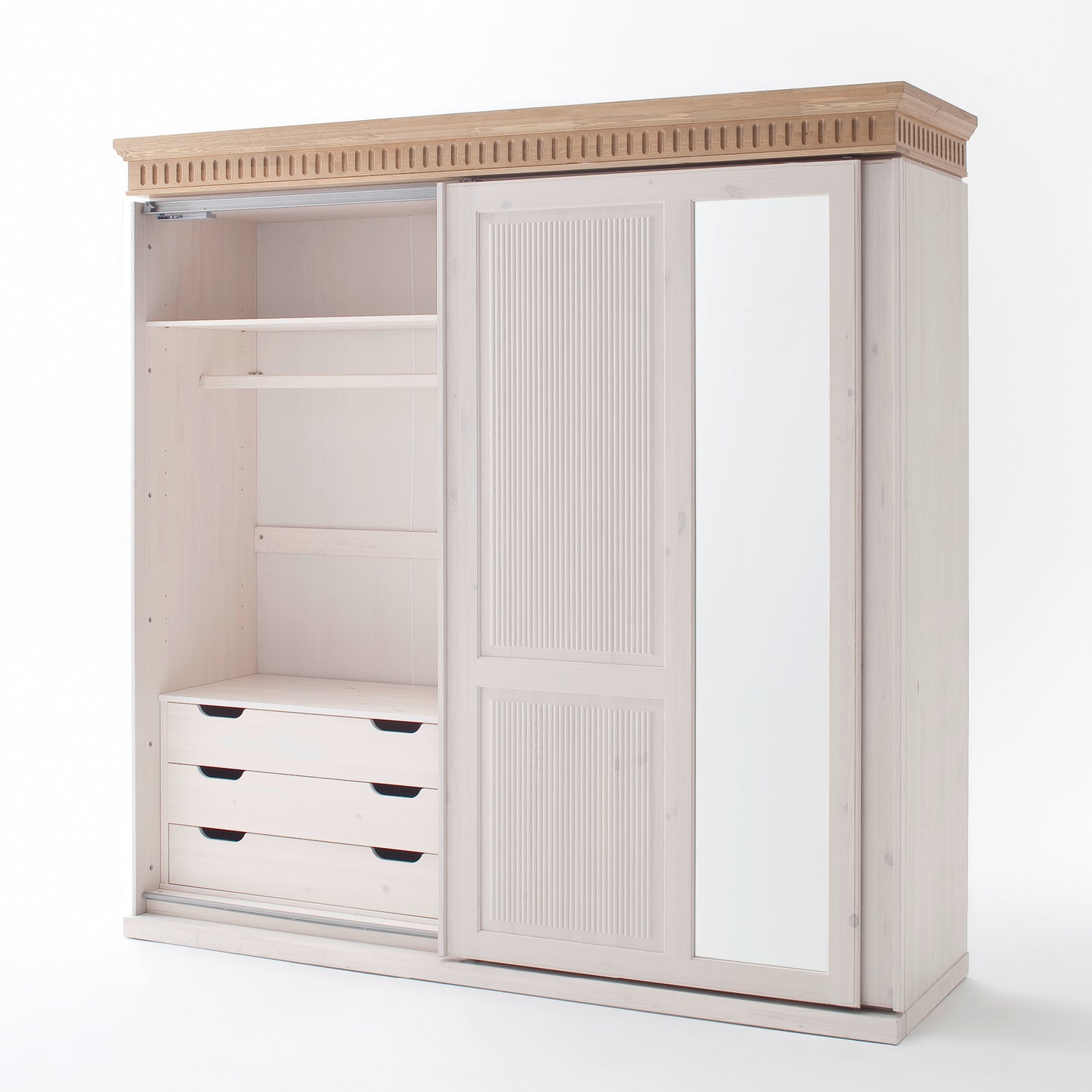 Helsinki Kleiderschrank mit Schiebetür + Spiegel weiß antik geöffnet