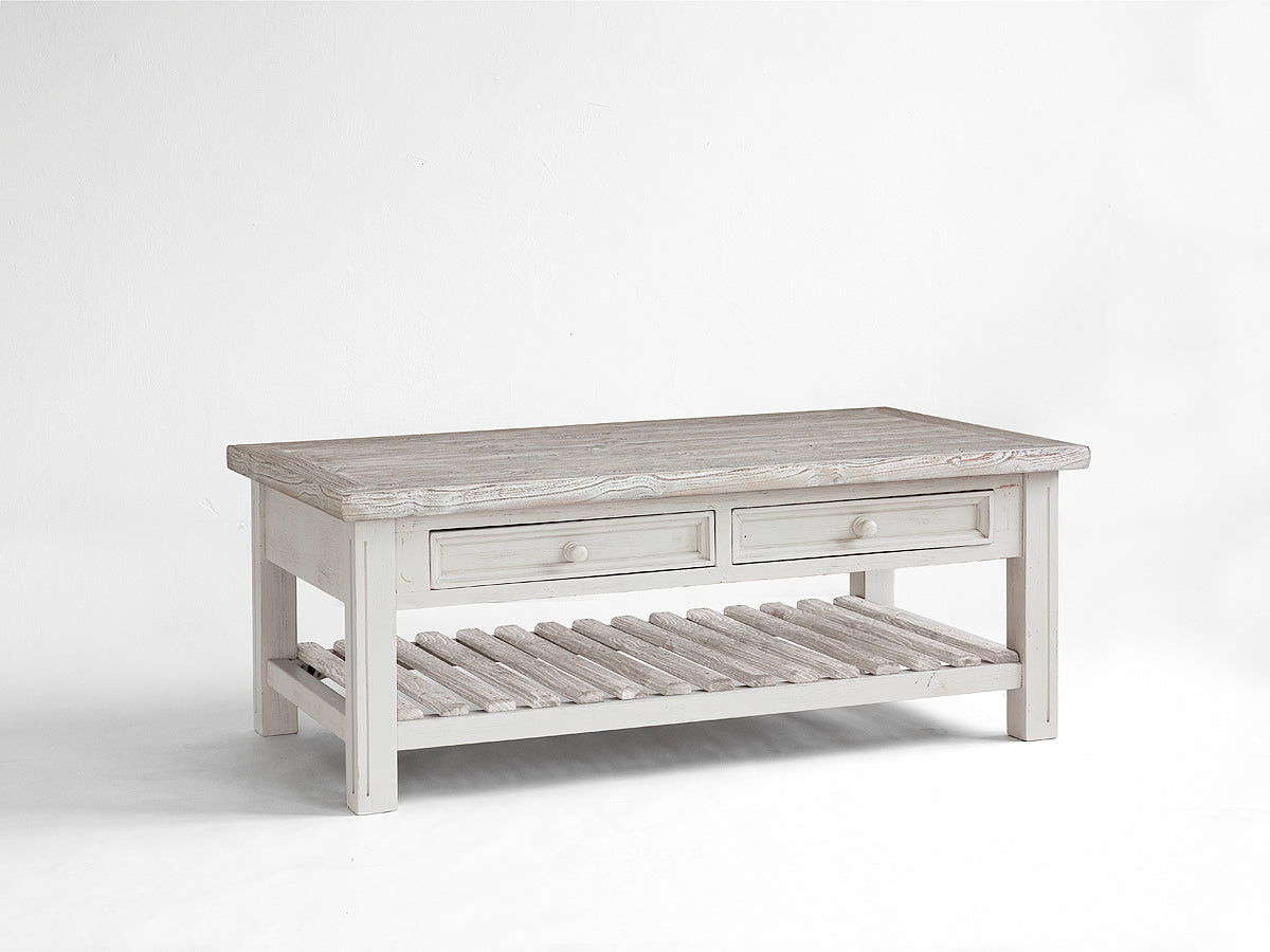 Couchtisch 140 x 80 Kiefer massiv Landhausstil weiss / white sanded