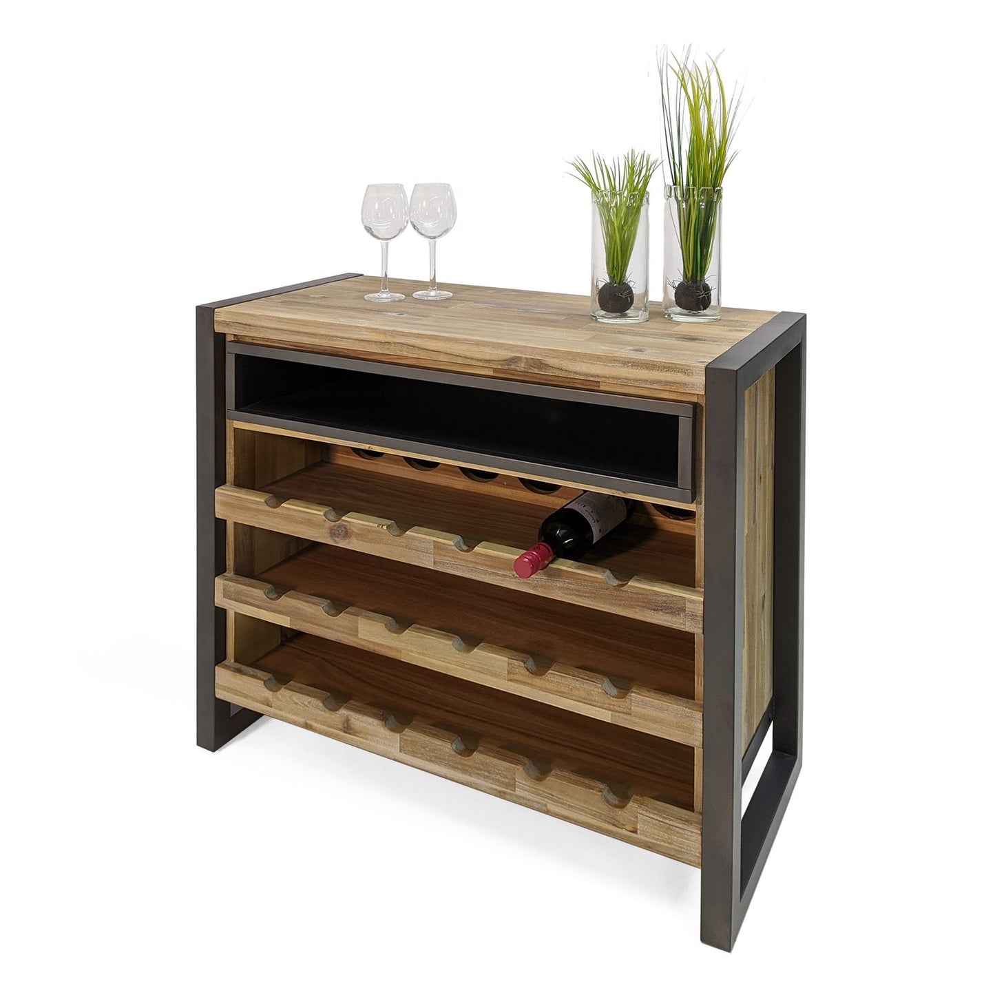 Weinregal Akazie massiv grau / Metallrahmen - Oliver