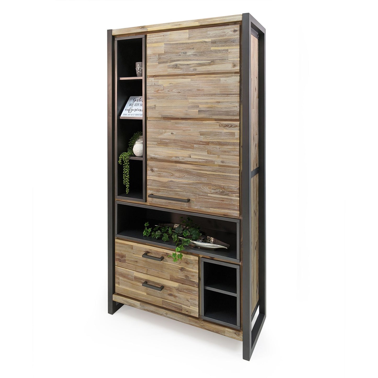 Vitrine Akazie massiv grau / Metallrahmen - Oliver