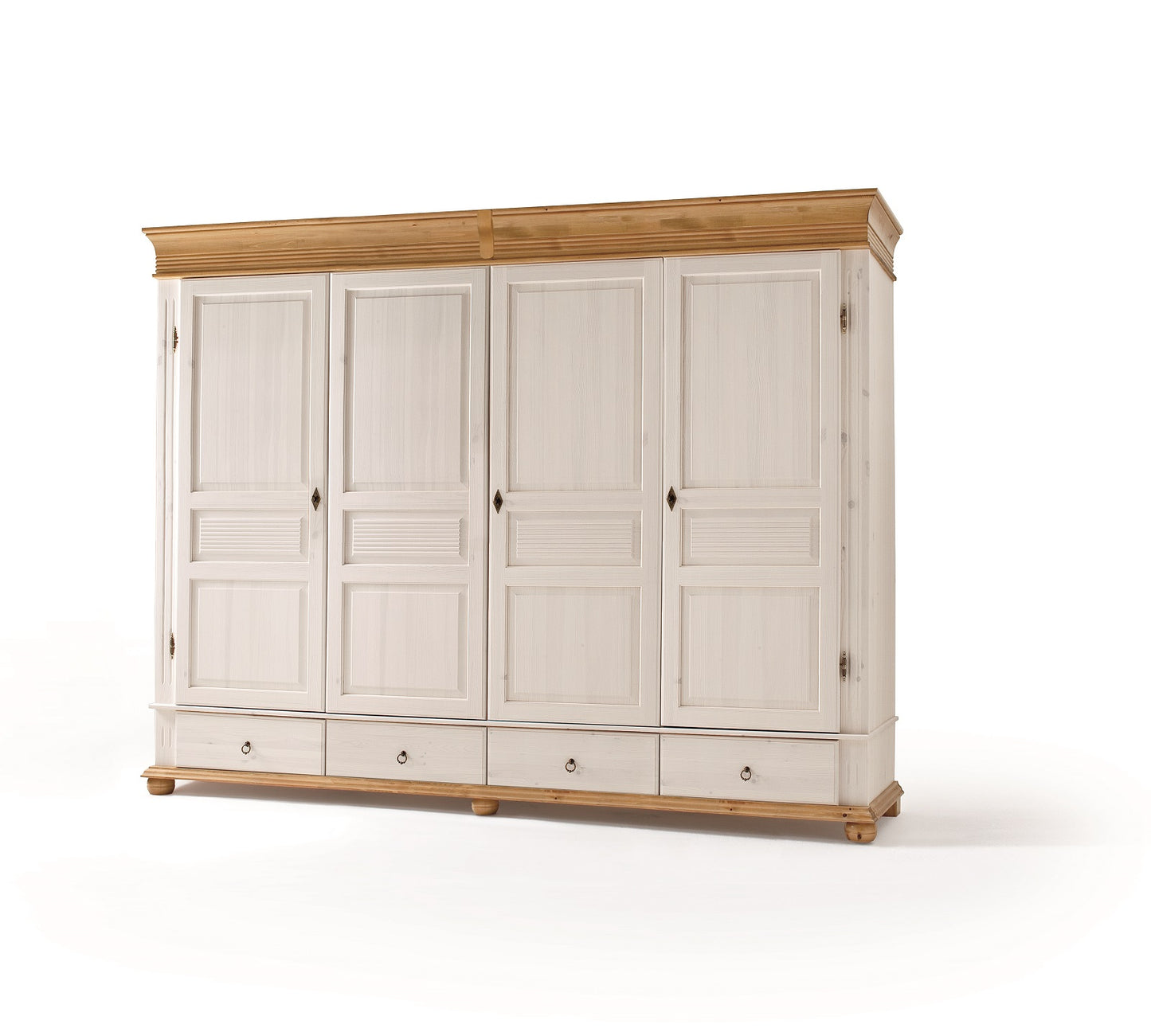 Kleiderschrank 4 trg. Kiefer massiv Landhaus weiß / antik Oslo