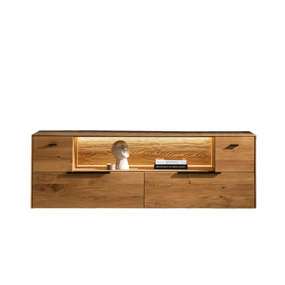 Lowboard aus Holz mit Glaselement und Beleuchtung