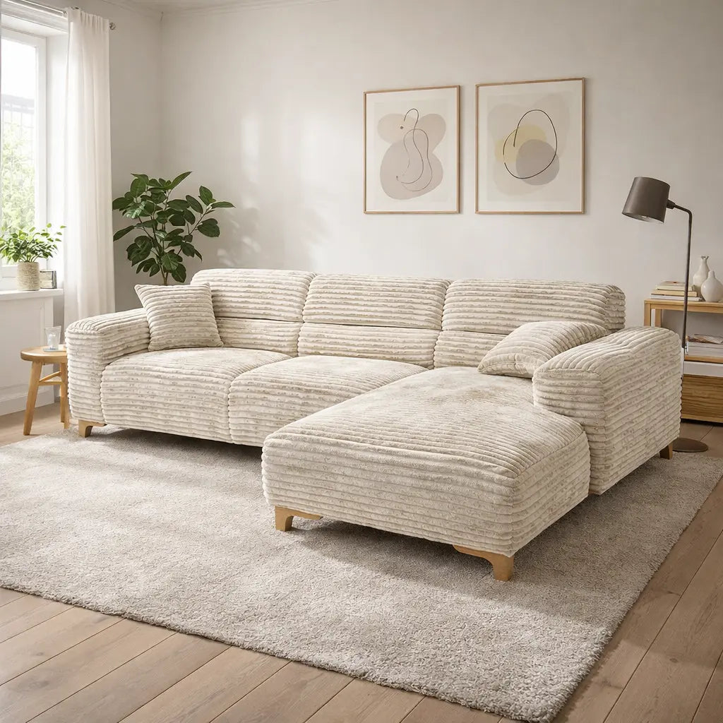 Ecksofa Couchgarnitur mit Breitcord beige