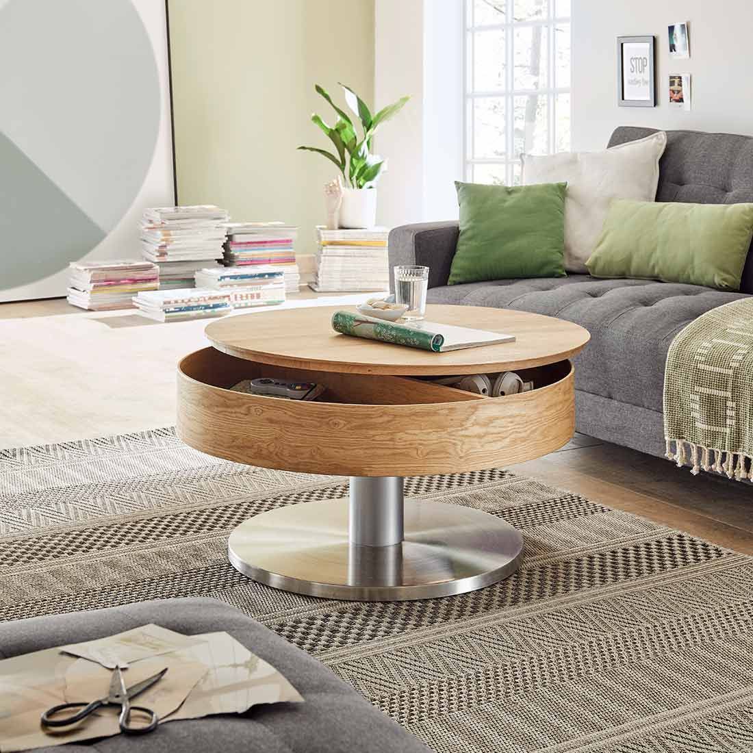 
                  
                    Couchtisch rund 79 cm Eiche furniert Gestell Edelstahloptik - Suva
                  
                