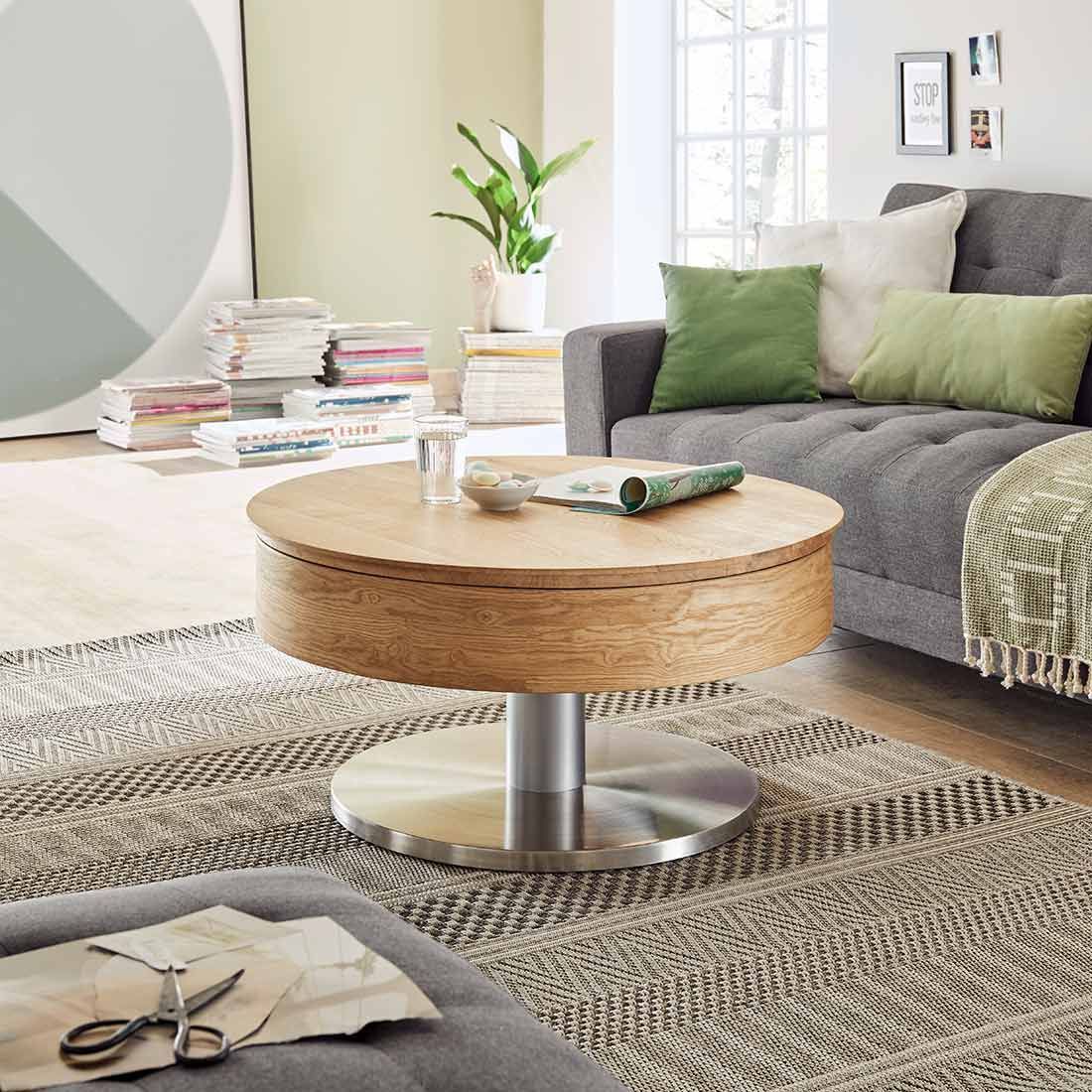 
                  
                    Couchtisch rund 79 cm Eiche furniert Gestell Edelstahloptik - Suva
                  
                