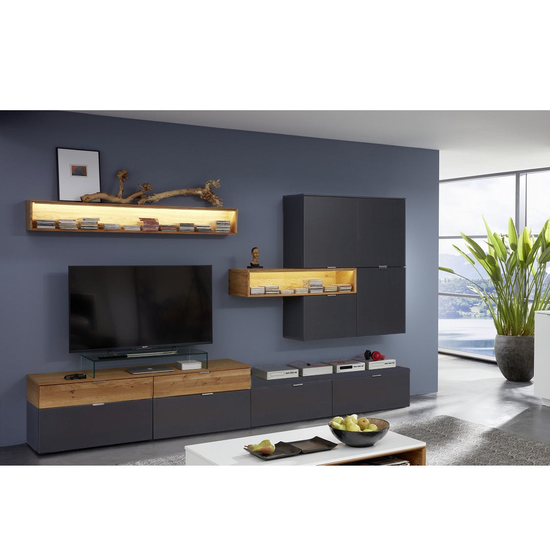 anbauwand 4 tlg. lack grau / asteiche - enzo – amd möbel