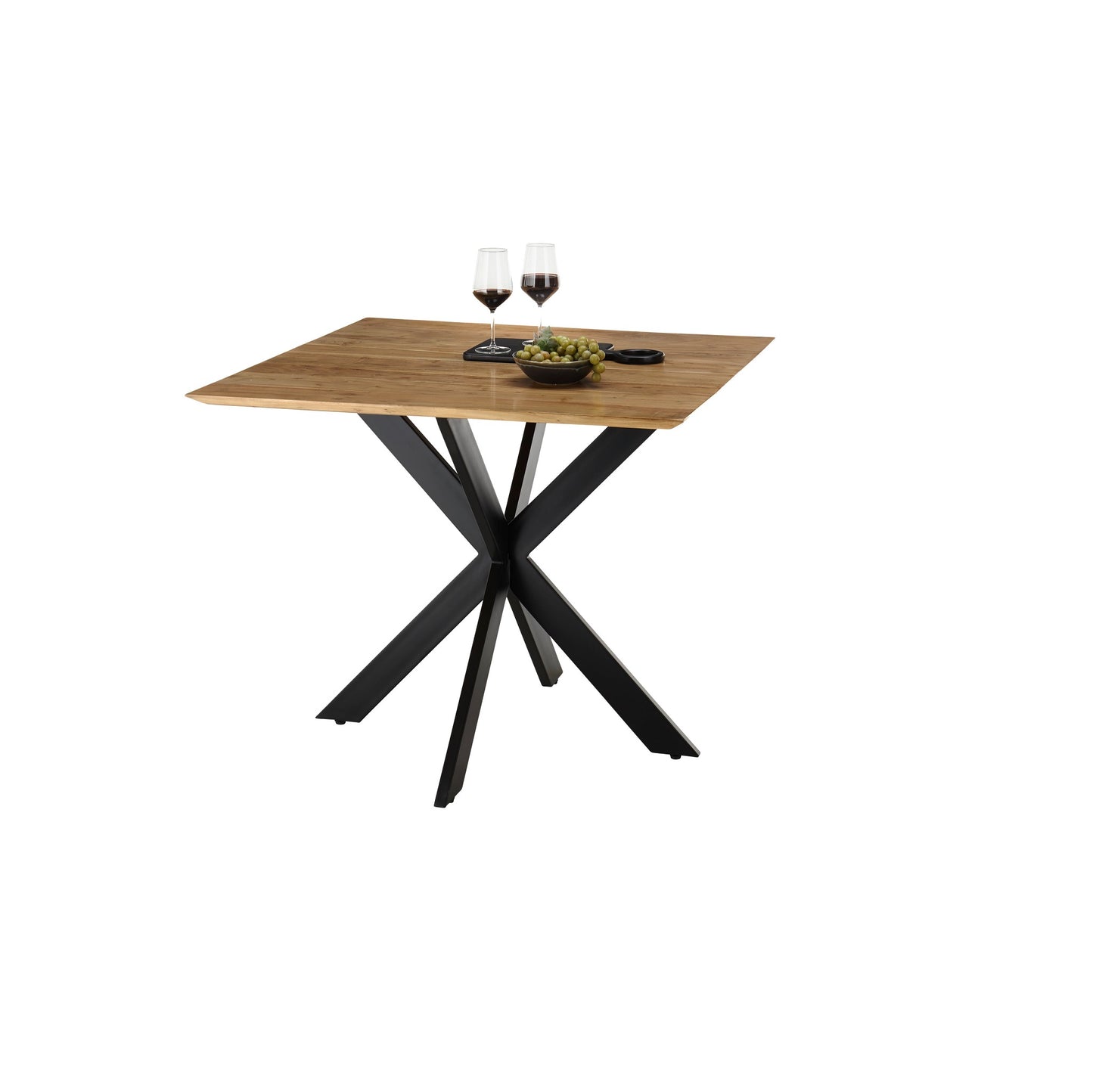 
                  
                    Quadratischer Esstisch mit Metallgestell und Holzplatte dekoriert
                  
                