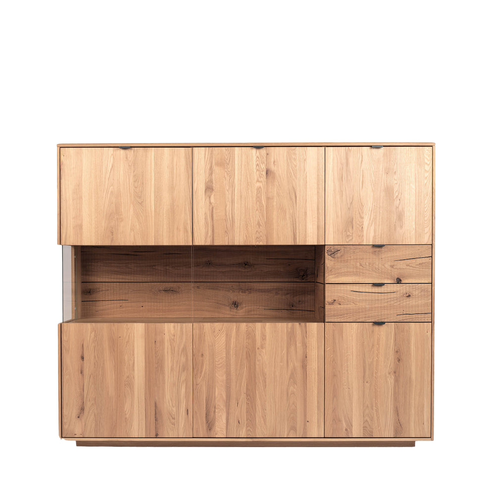 Highboard aus massiver Wildeiche mit Glaselemente 