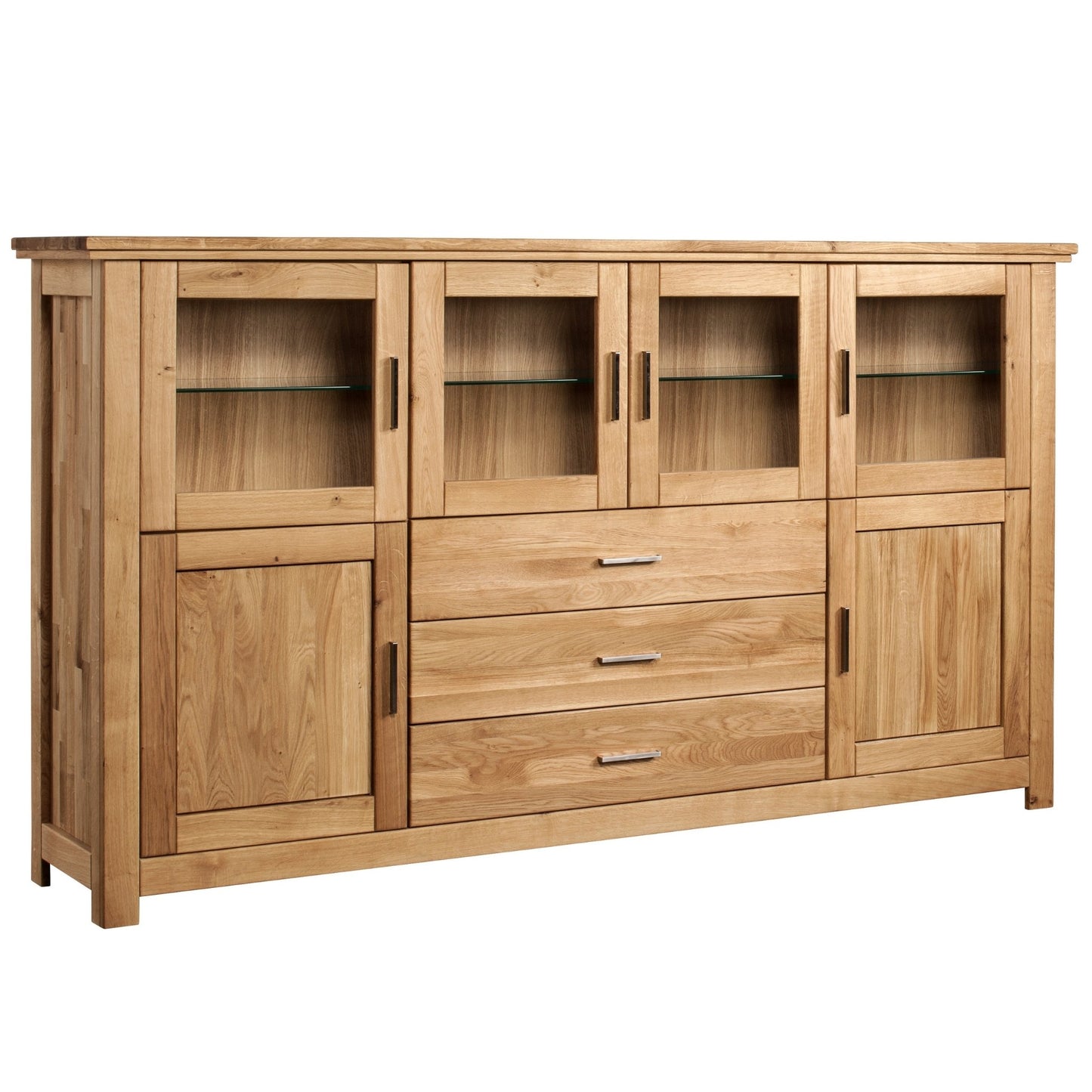 Highboard aus massiver Eiche mit 3 Schubladen 4 Türen mit Glas oben und 2 Holztüren außen unten