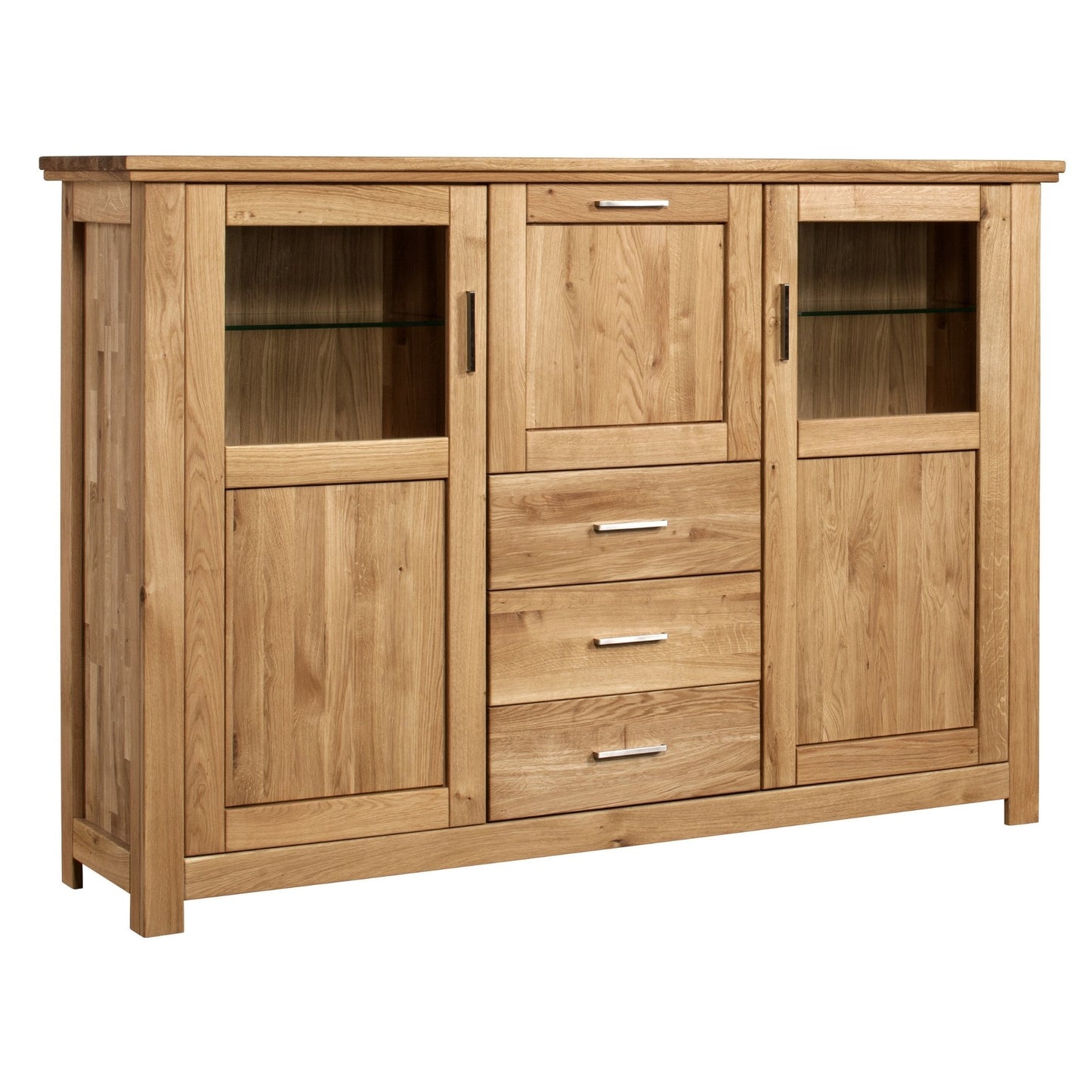 Highboard aus massiver Eiche mit zwei Türen 3 Schubladen und einer Klappe vor weißem Hintergrund