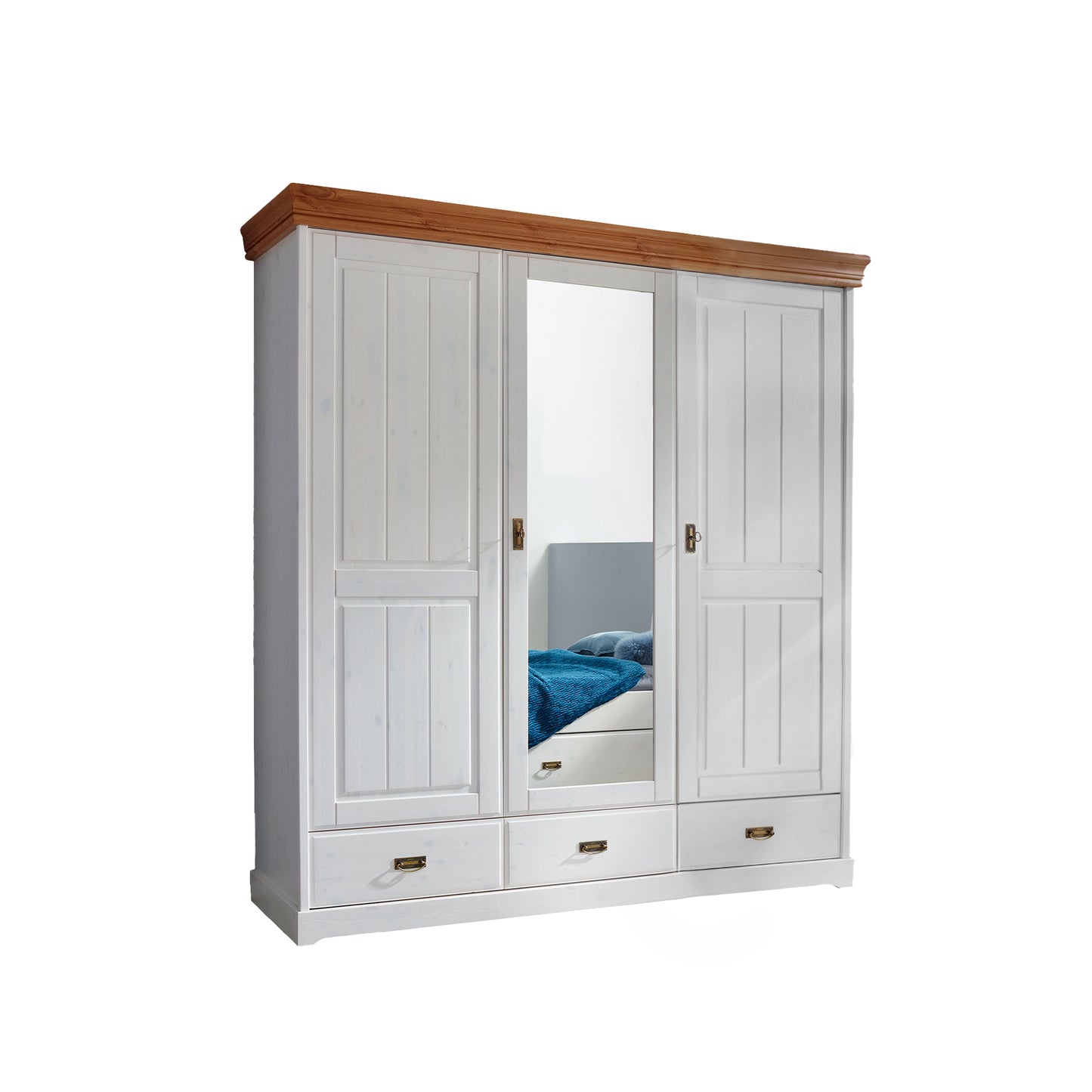 Weißer Kleiderschrank mit zwei Holztüren und einer Spiegeltür