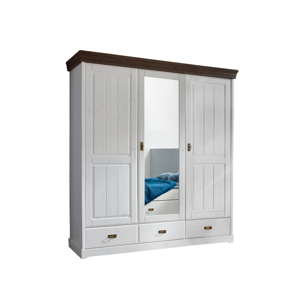 
                  
                    Weißer Kleiderschrank mit zwei Holztüren und einer Spiegeltür
                  
                