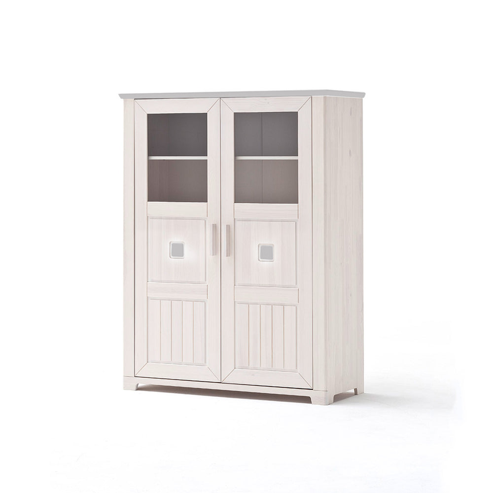 Weißer Holzschrank mit zwei Türen und Glaselementen