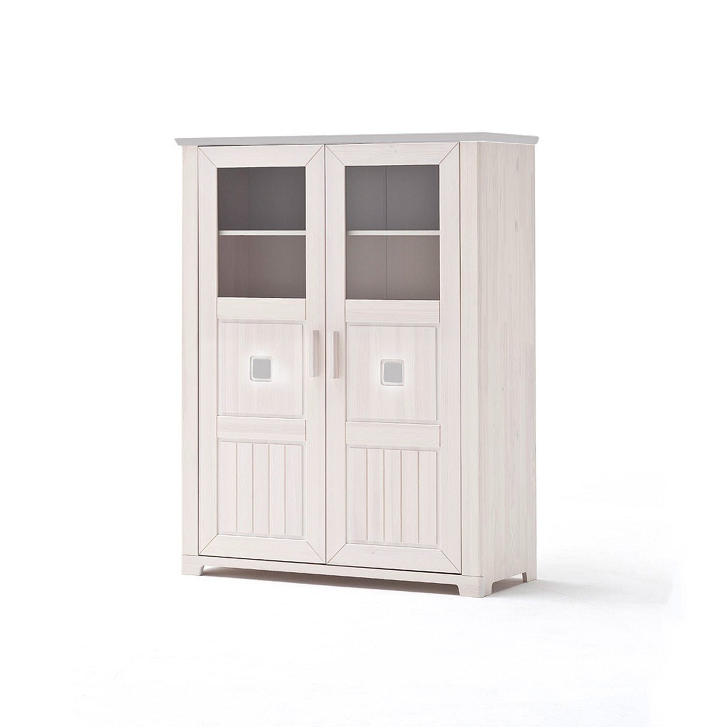 Weißer Holzschrank mit zwei Türen und Glaselementen