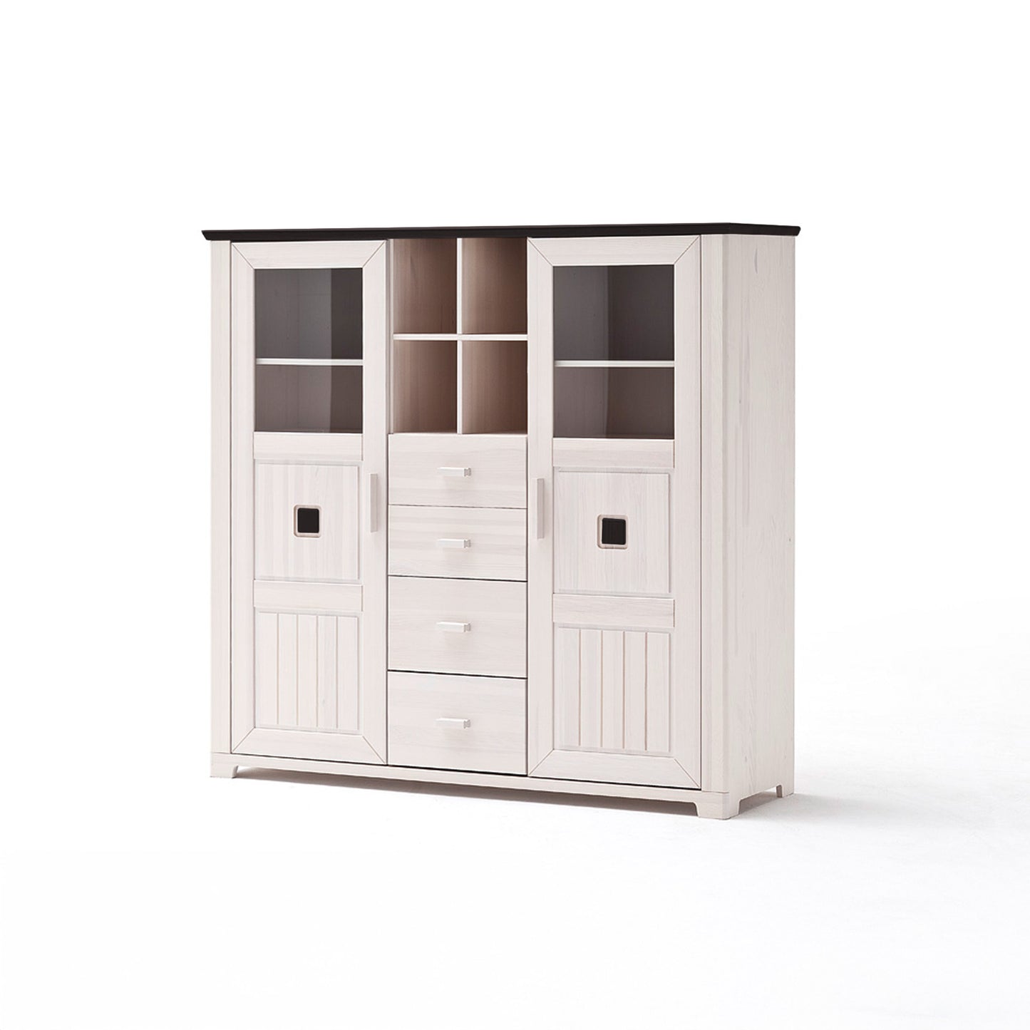 Weißes Highboard aus massivem Kiefernholz mit Glaselementen in den Türen 