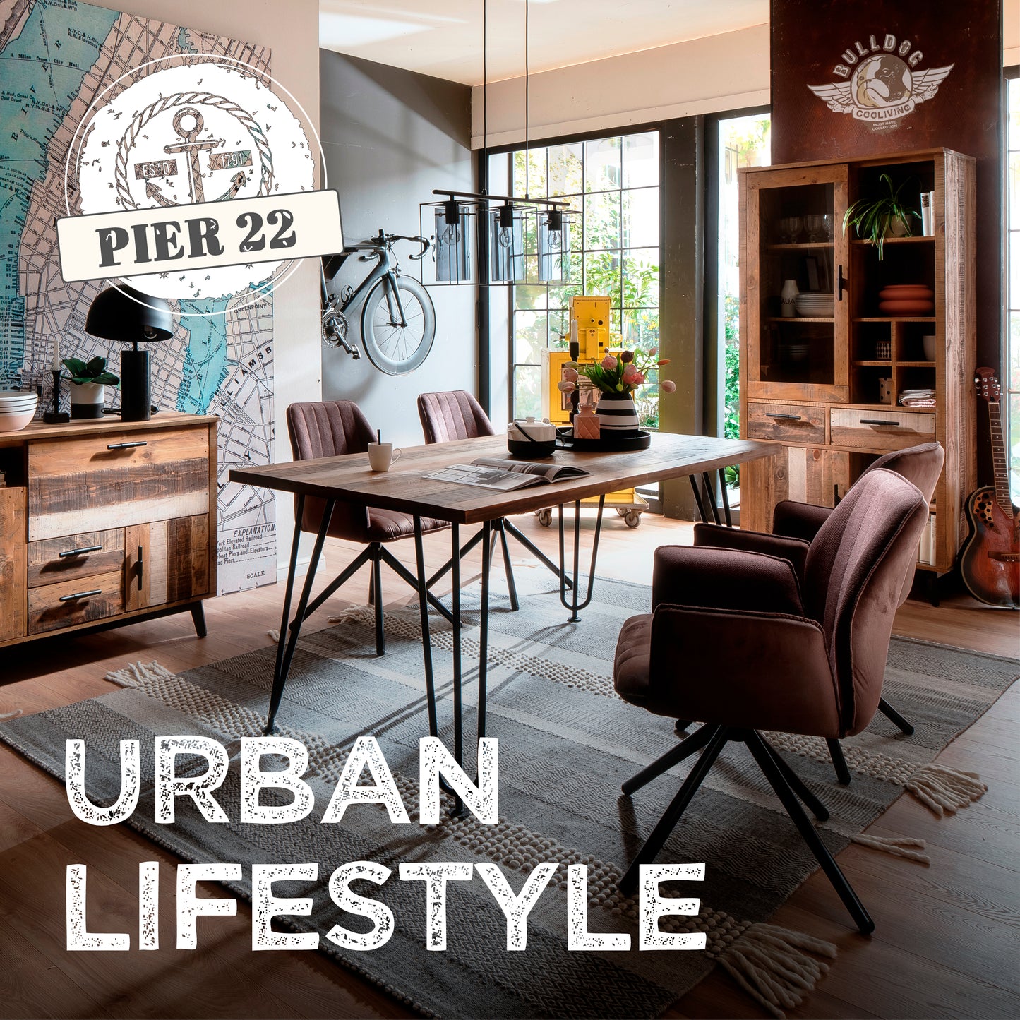 Pier 22 Kollektion Werbung mit Möbeln im Hintergrund und der Überschrift: Urban Lifestyle