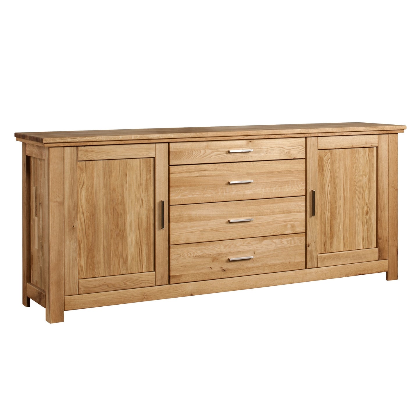 Sideboard aus massiver Eiche mit zwei Türen und 4 Schubläden vor weißem Hintergrund