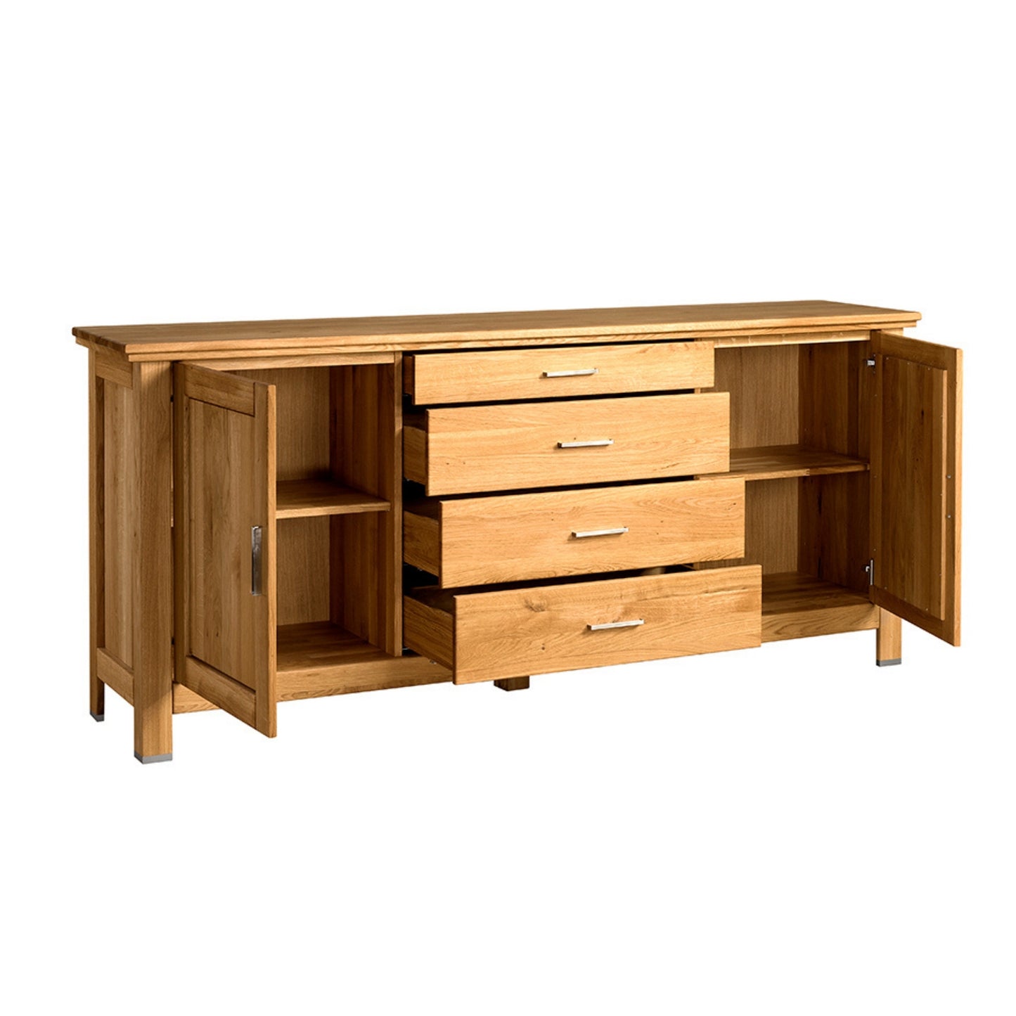 Sideboard aus massiver Eiche mit zwei Türen und 4 Schubläden vor weißem Hintergrund geöffnet