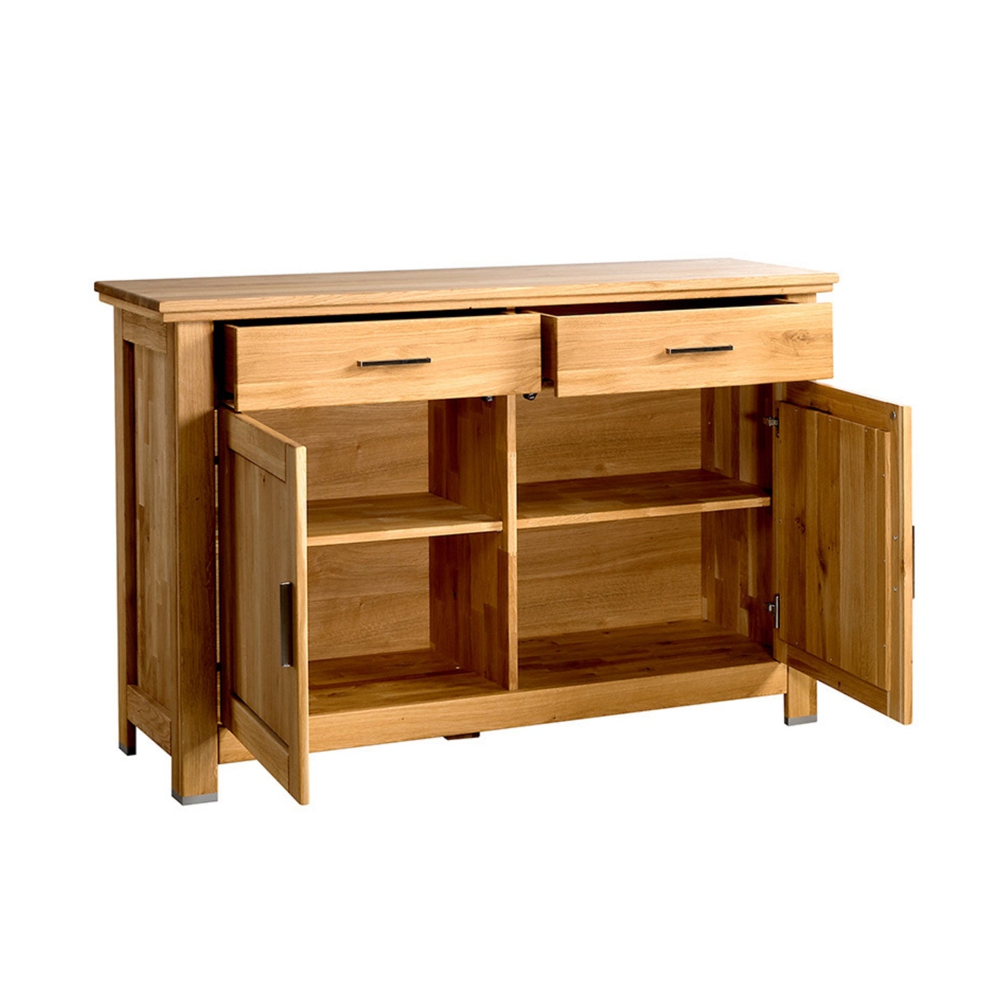 Kleines Sideboard aus massiver Eiche mit zwei Türen und zwei Schubladen mit offener Ansicht 