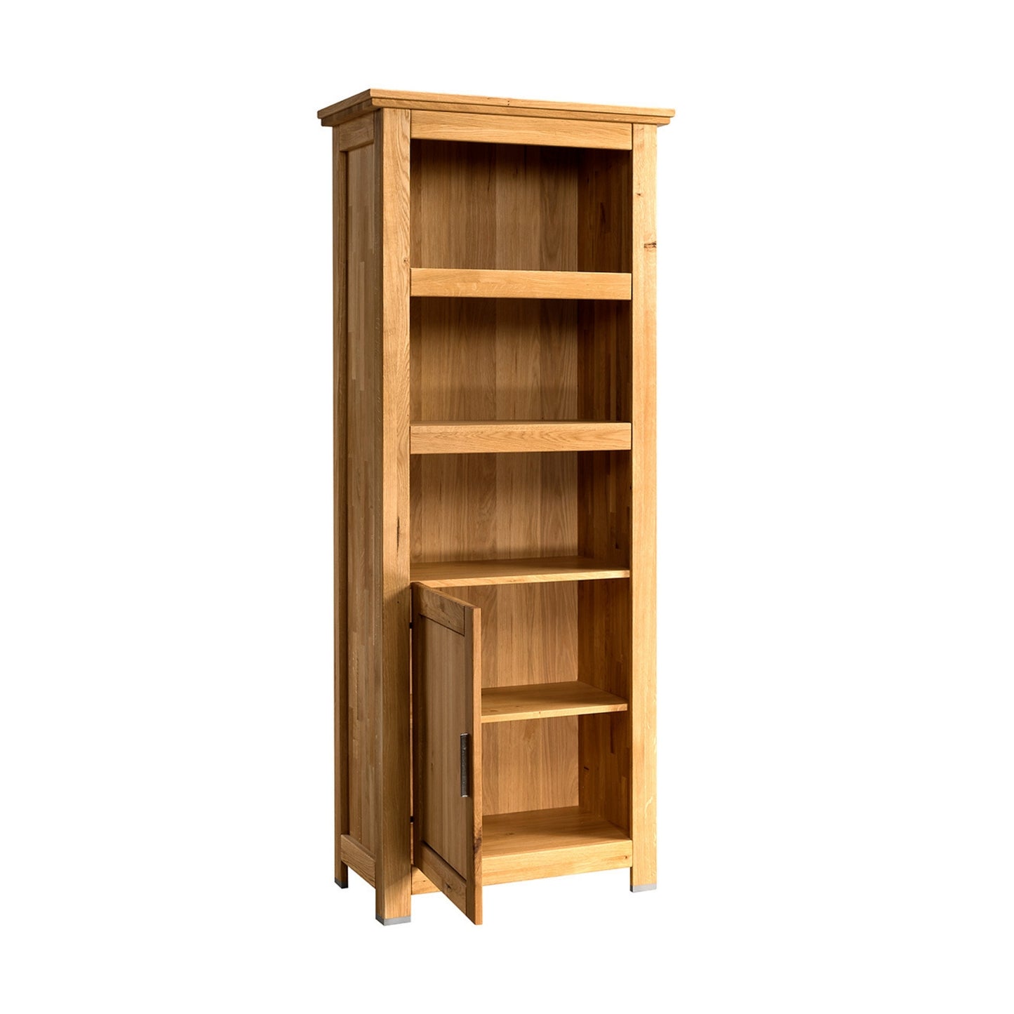 Schmales Bücherregal aus massiver Eiche mit einer geöffneten Tür unten