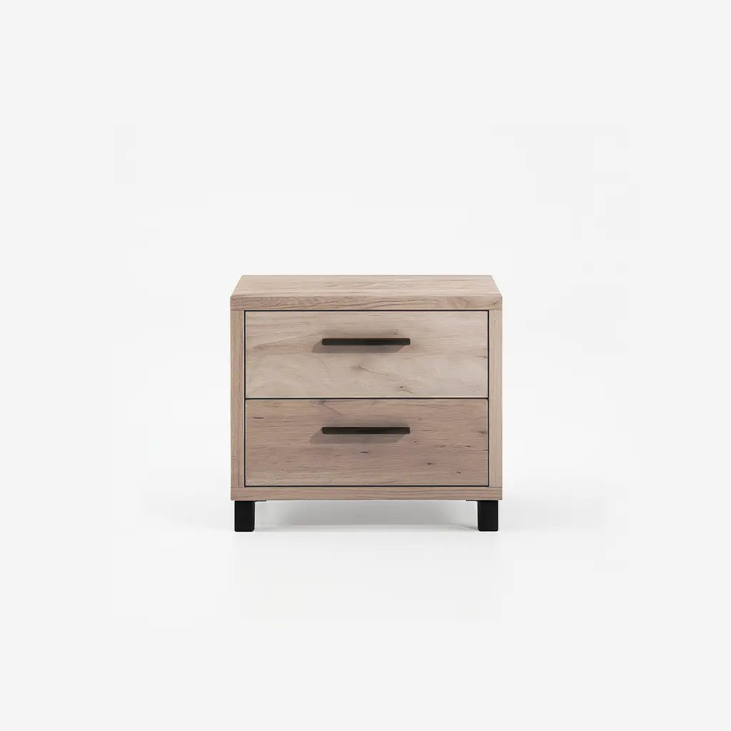 Kleine Kommode mit zwei Schubkästen aus Holz mit schwarzen Details