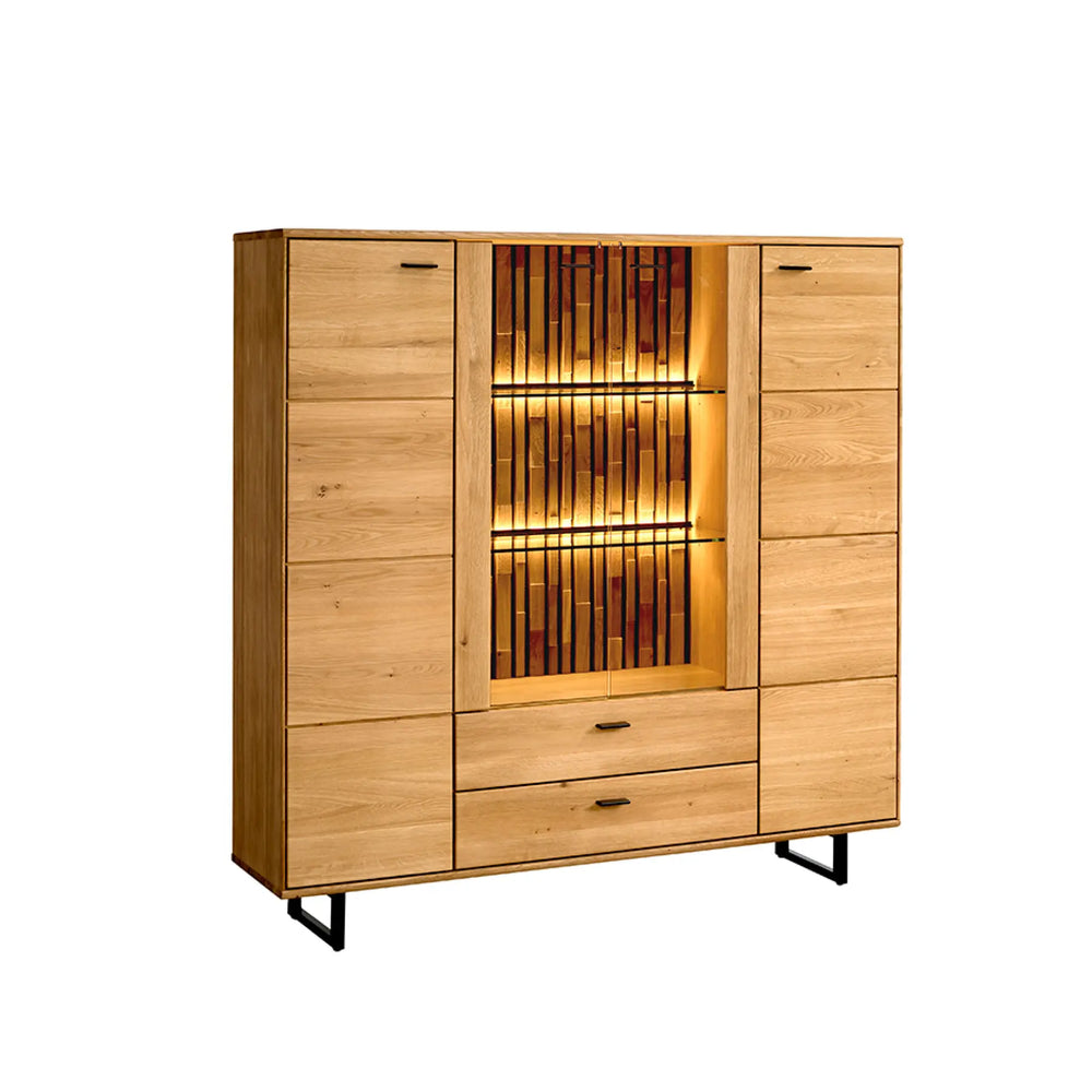 Highboard aus Holz mit zwei Holztüren und 2 Glasfächern und zwei Schubladen