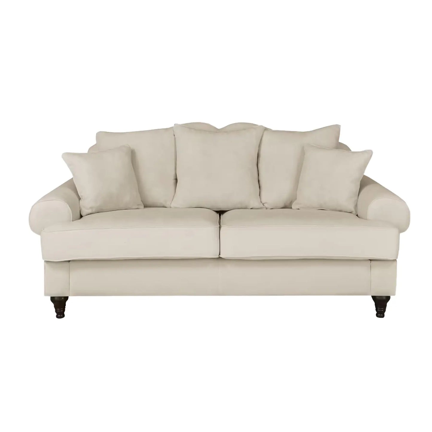 3-Sitzer Sofa in hellbeige mit 5 Kissen und dunklen Holzfüßen