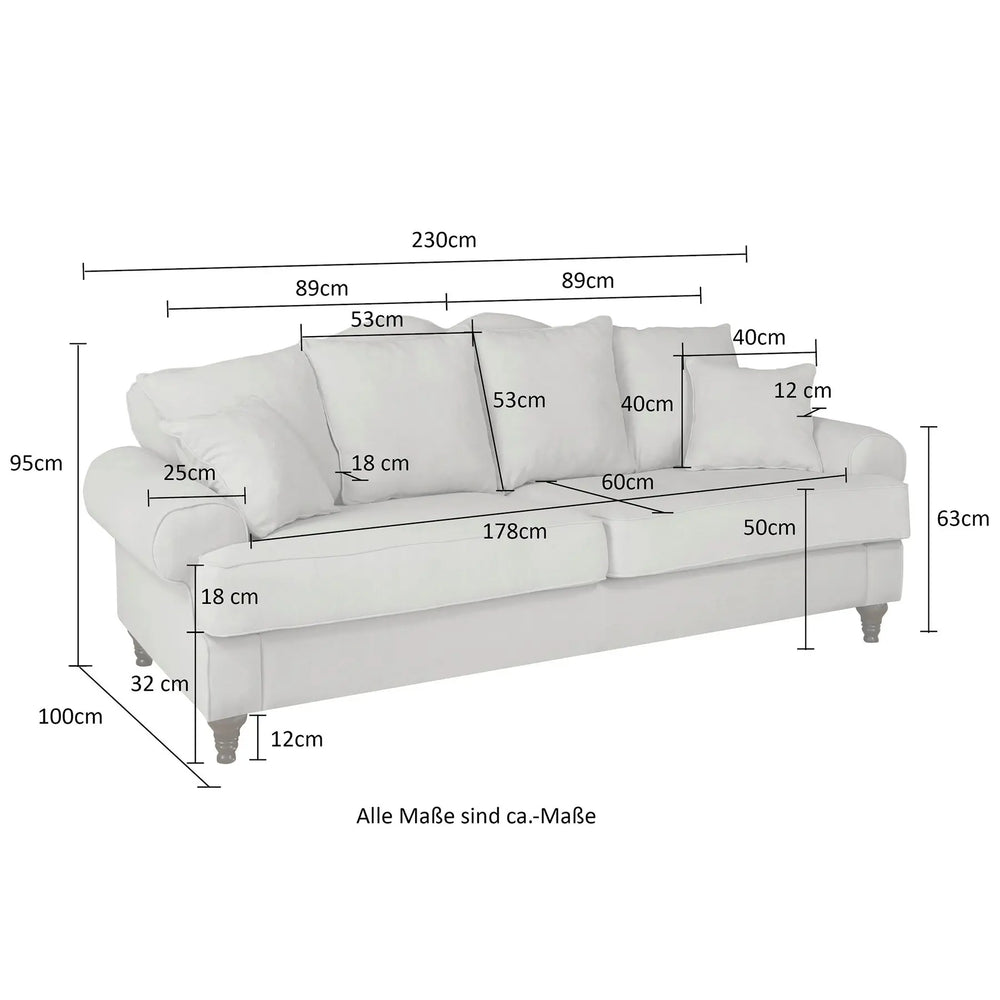 
                  
                    3,5 Sitzer Sofa in hellbeige mit schwarzen Füßen und 6 Kissen
                  
                