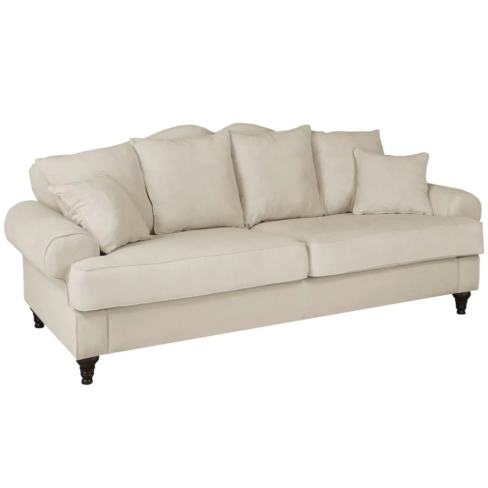 
                  
                    3,5 Sitzer Sofa in hellbeige mit schwarzen Füßen und 6 Kissen
                  
                