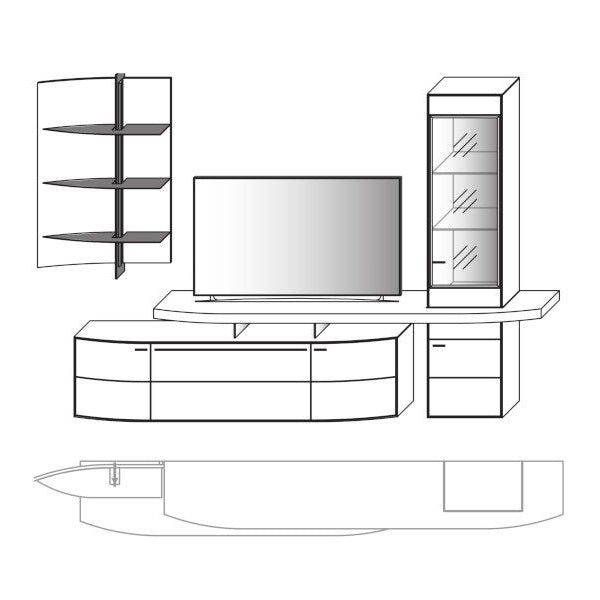 Skizze eine Wohnwand mit TV-Board und Wandregal