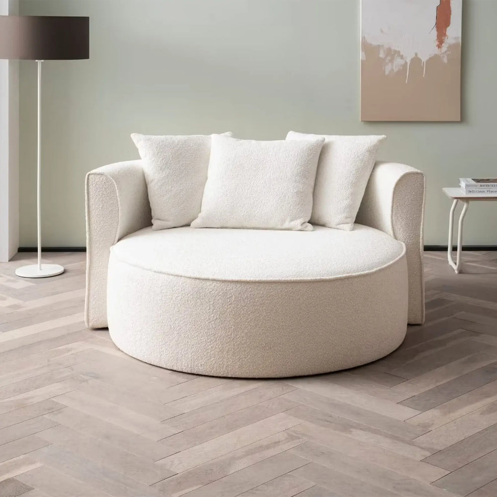 Runder XXL Sessel in creme mit Bouclé Stoffbezug