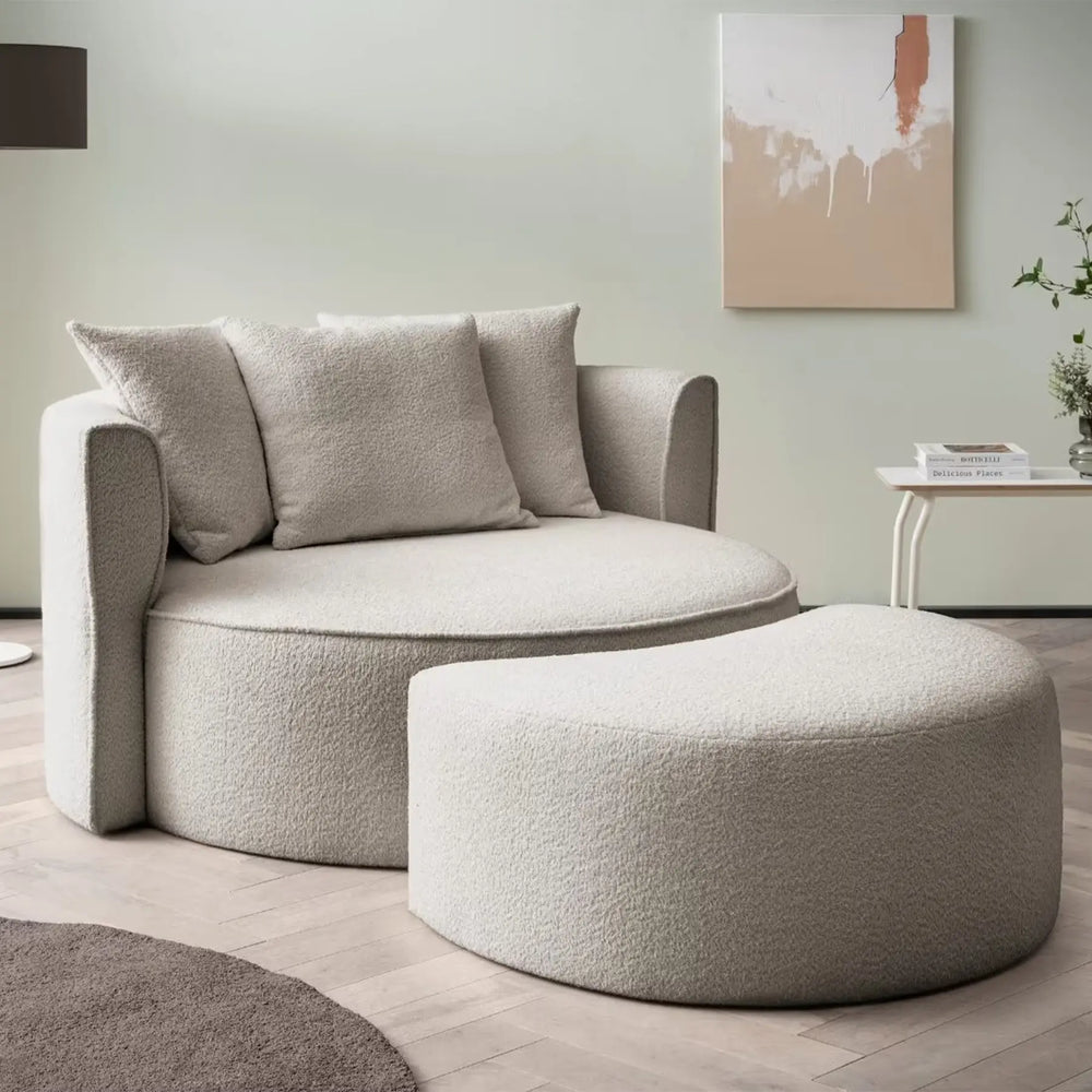 XXL-Sessel mit taupefarbenem Boucle-Stoffbezug und Hocker