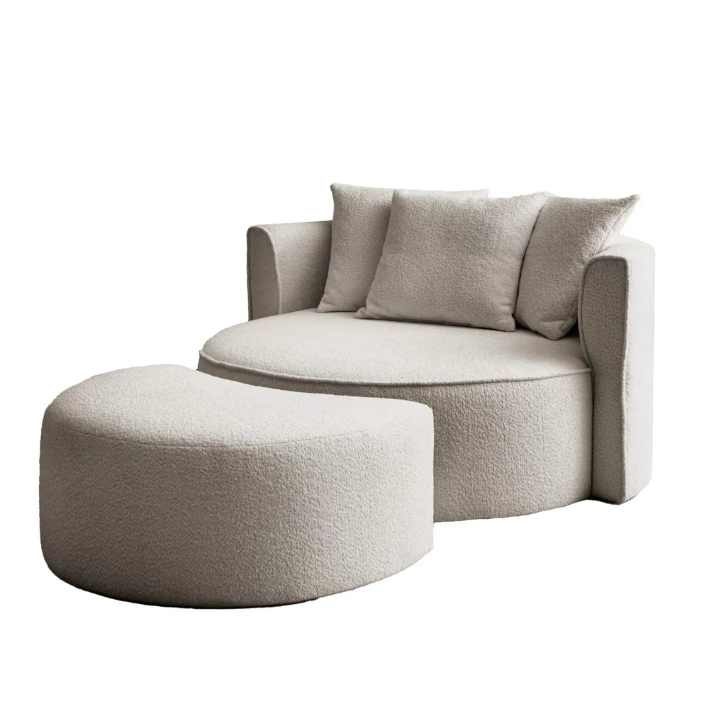 XXL-Sessel mit taupefarbenem Boucle-Stoffbezug und Hocker
